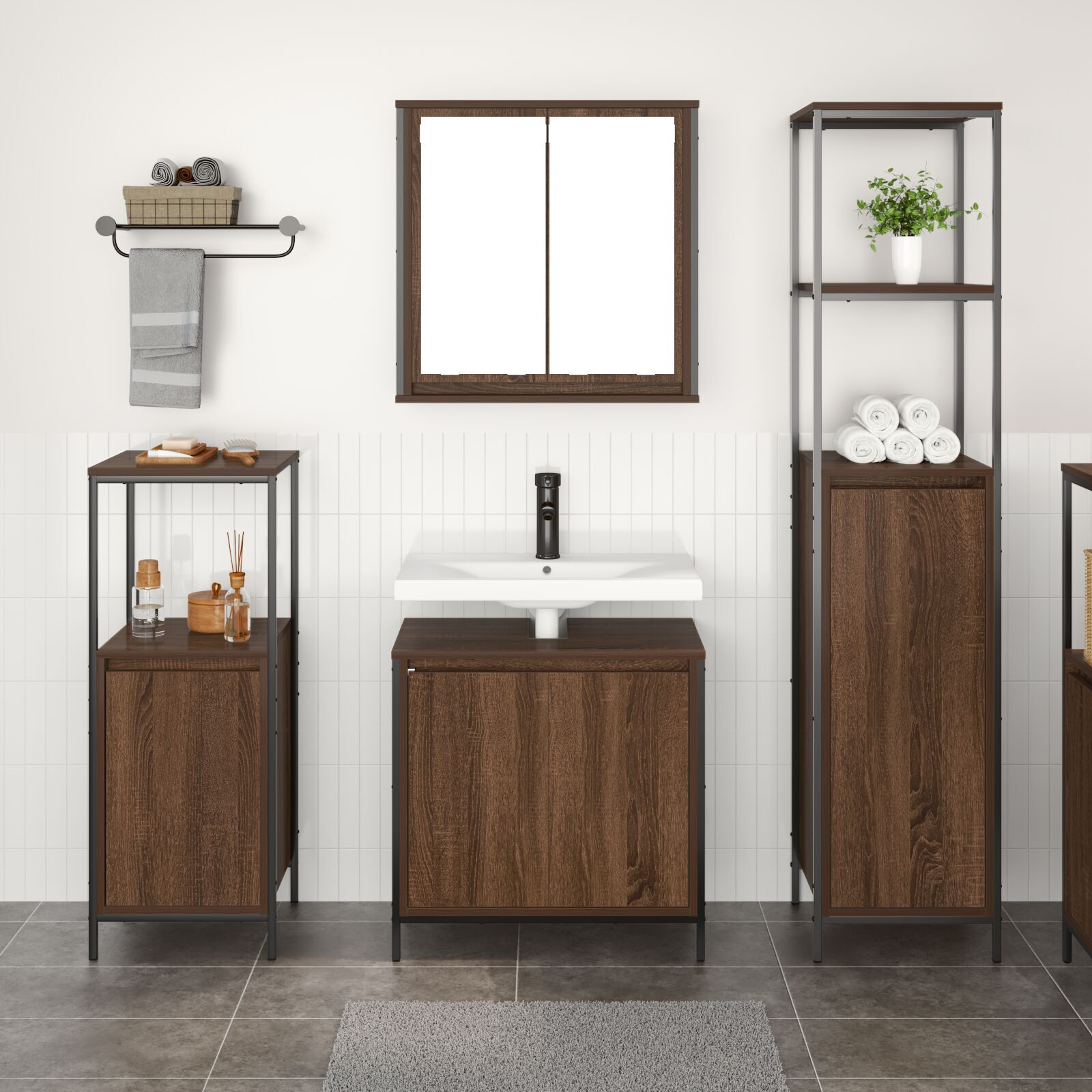 vidaXL Set de mobilier pentru baie din 3 piese în stejar maro, lemn prelucrat vidaXL Set de mobilier pentru baie din 3 piese în stejar maro, lemn prelucrat