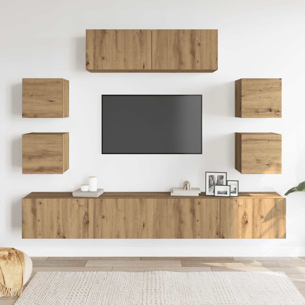 vidaXL Set dulap TV 7 piese montat pe perete Stejar artizanal vidaXL Set dulap TV 7 piese montat pe perete Stejar artizanal