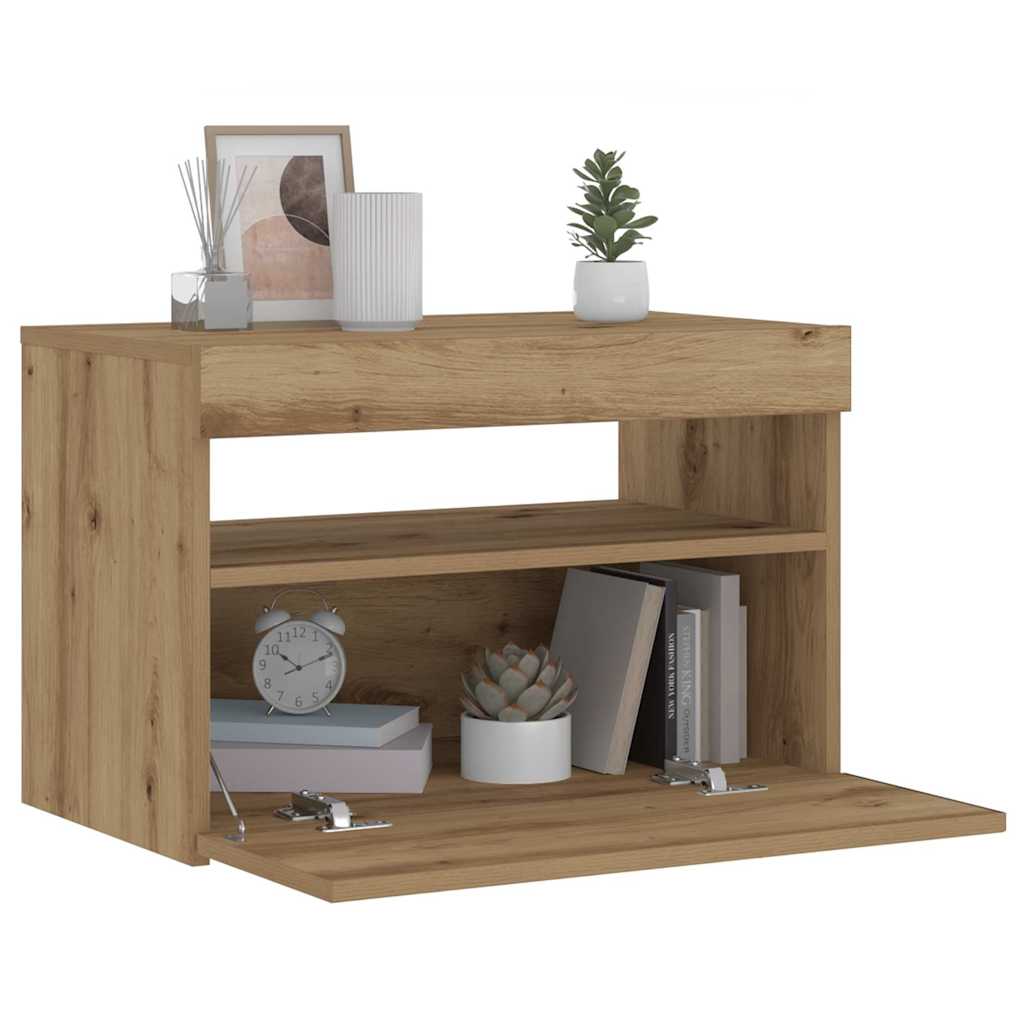 vidaXL Noptiera cu lumini LED Stejar Artisan 60x35x40cm Lemn prelucrat vidaXL Noptiera cu lumini LED Stejar Artisan 60x35x40cm Lemn prelucrat