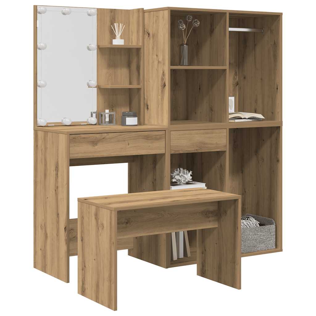 vidaXL Set de masă de toaletă cu LED Artisan Stejar lemn prelucrat vidaXL Set de masă de toaletă cu LED Artisan Stejar lemn prelucrat