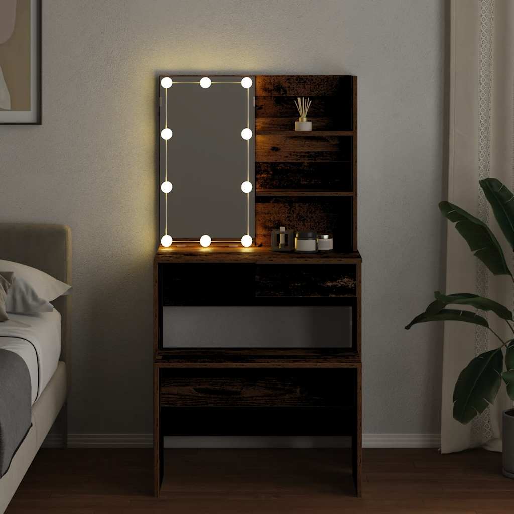 vidaXL Set de măsuță de toaletă cu LED Lemn vechi din lemn lemnos