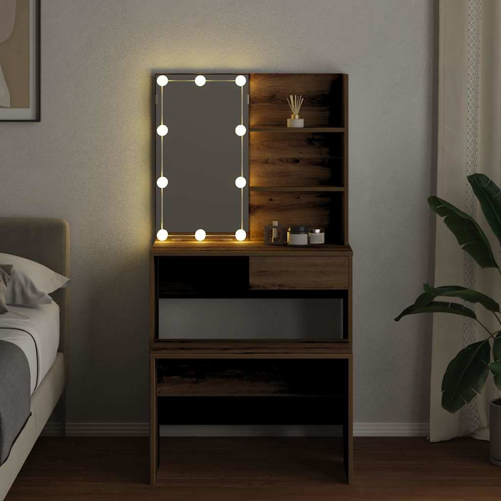 vidaXL Set de masă de toaletă cu LED Artisan Stejar lemn prelucrat