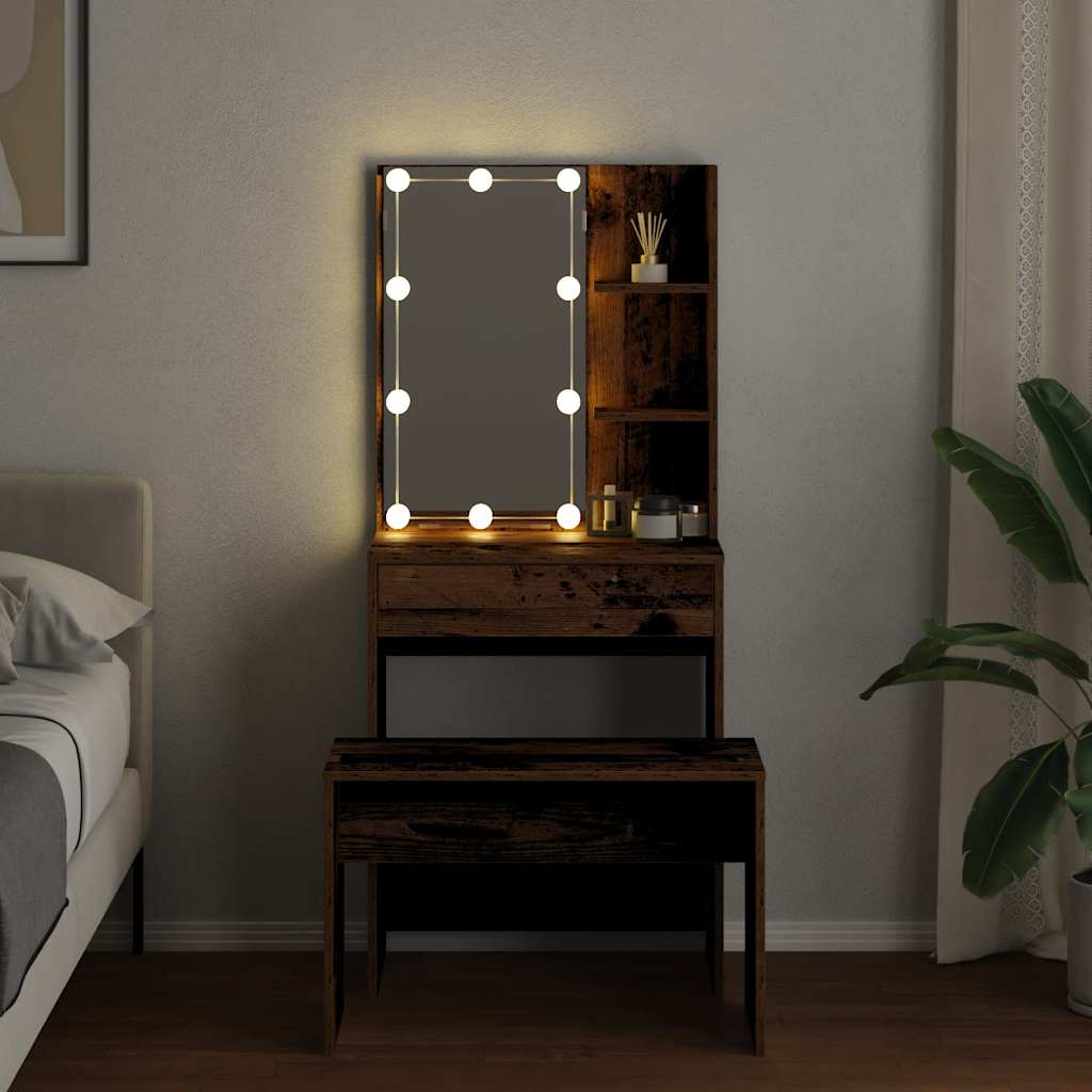 vidaXL Set de măsuță de toaletă cu LED Lemn vechi din lemn lemnos