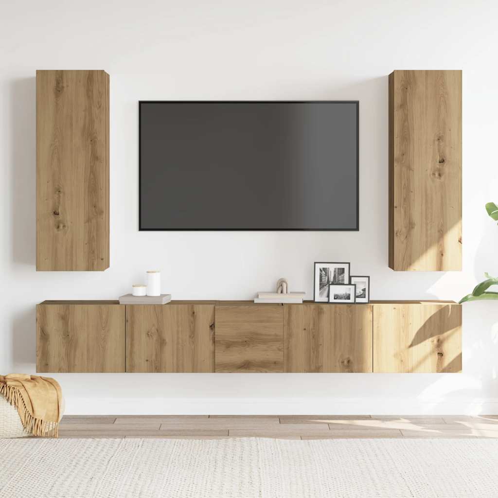 vidaXL Set dulap TV 5 piese montat pe perete Stejar artizanal vidaXL Set dulap TV 5 piese montat pe perete Stejar artizanal