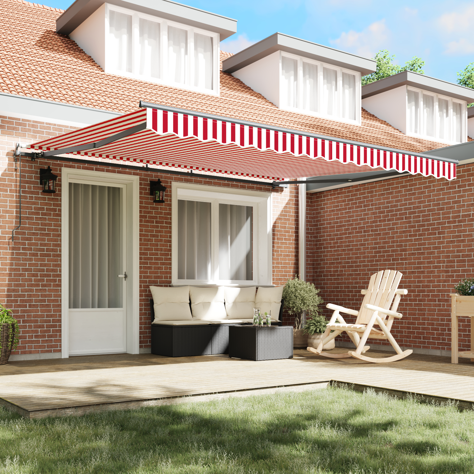 vidaXL Pergolă retractabilă automată cu dungi roșii și albe, 400 x 300 cm vidaXL Pergolă retractabilă automată cu dungi roșii și albe, 400 x 300 cm