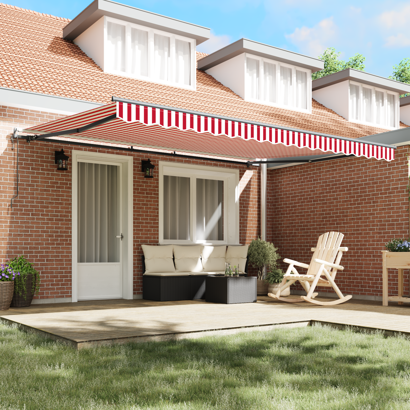 vidaXL Awning-ul retractabil automat cu dungi roșii și albe, 450x300 cm vidaXL Awning-ul retractabil automat cu dungi roșii și albe, 450x300 cm