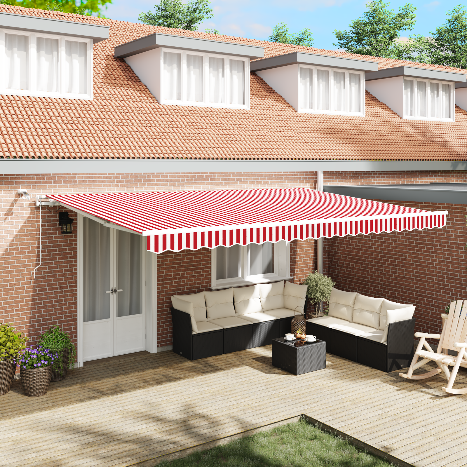 vidaXL Marquise Retractabilă Automată cu LED Dungi Roșii și Albe 500x300 cm