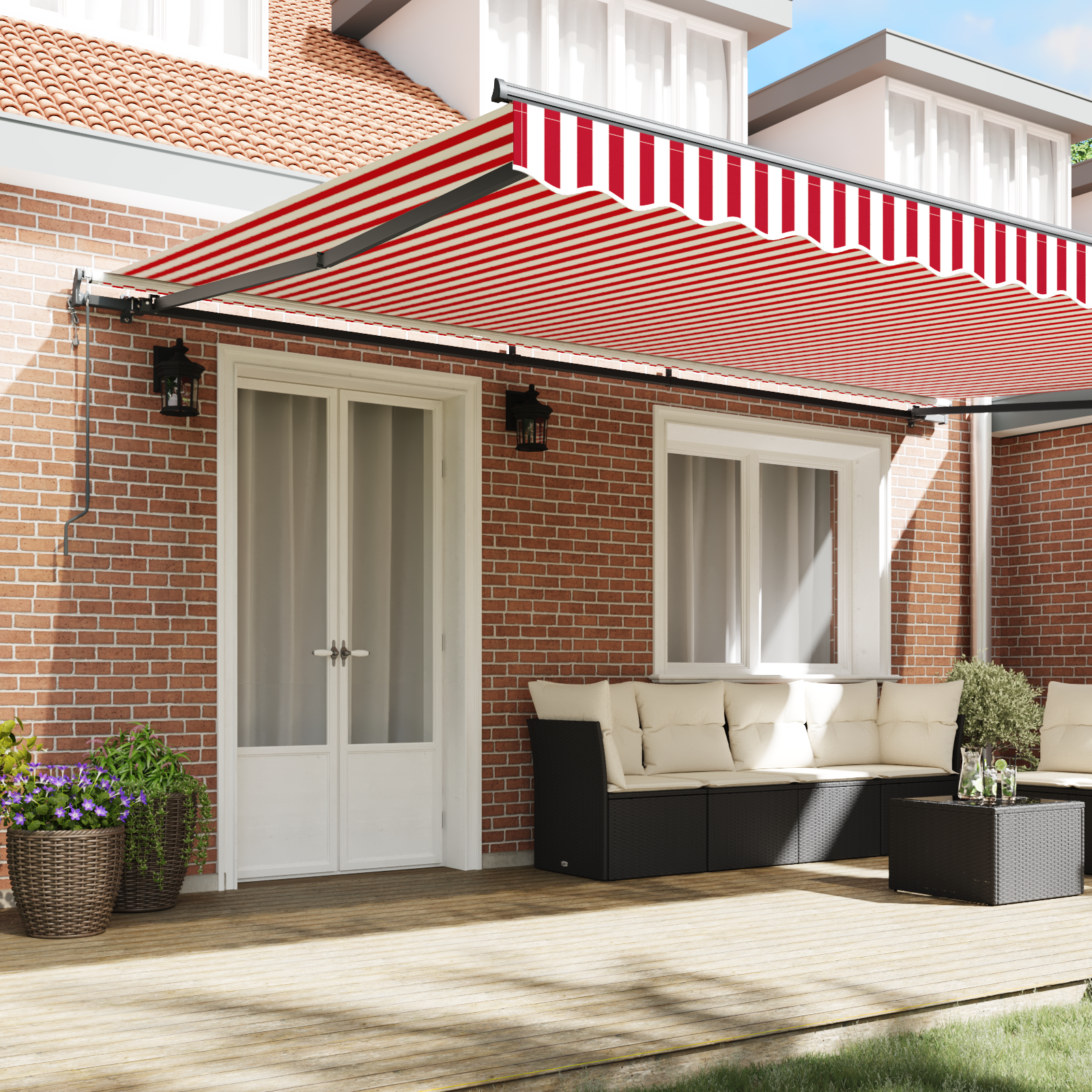 vidaXL Acoperiș retractabil automat dungi roșii și albe, 500 x 300 cm vidaXL Acoperiș retractabil automat dungi roșii și albe, 500 x 300 cm