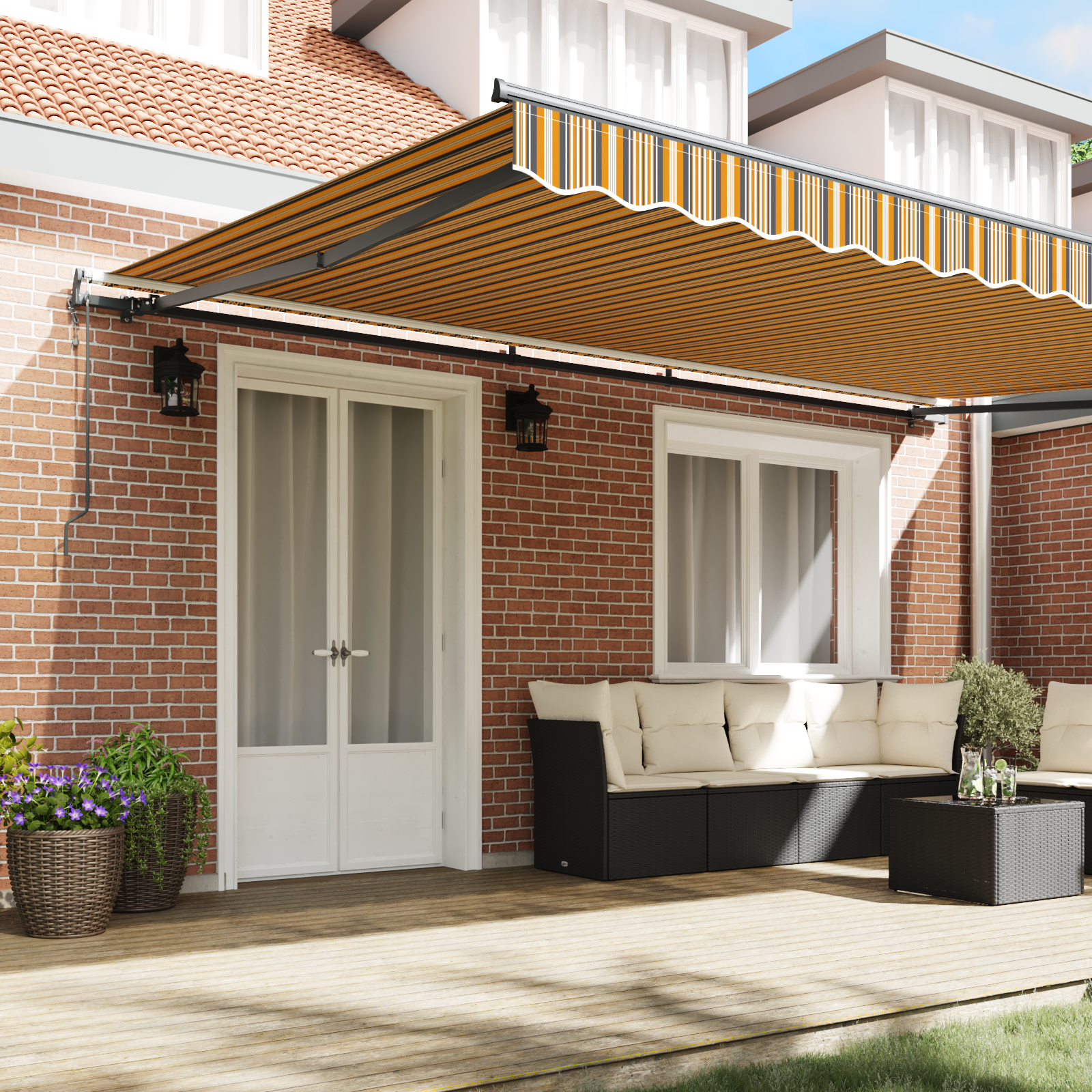 vidaXL Obră de soare retractabilă automată cu dungi colorate, 500 x 350 cm vidaXL Obră de soare retractabilă automată cu dungi colorate, 500 x 350 cm