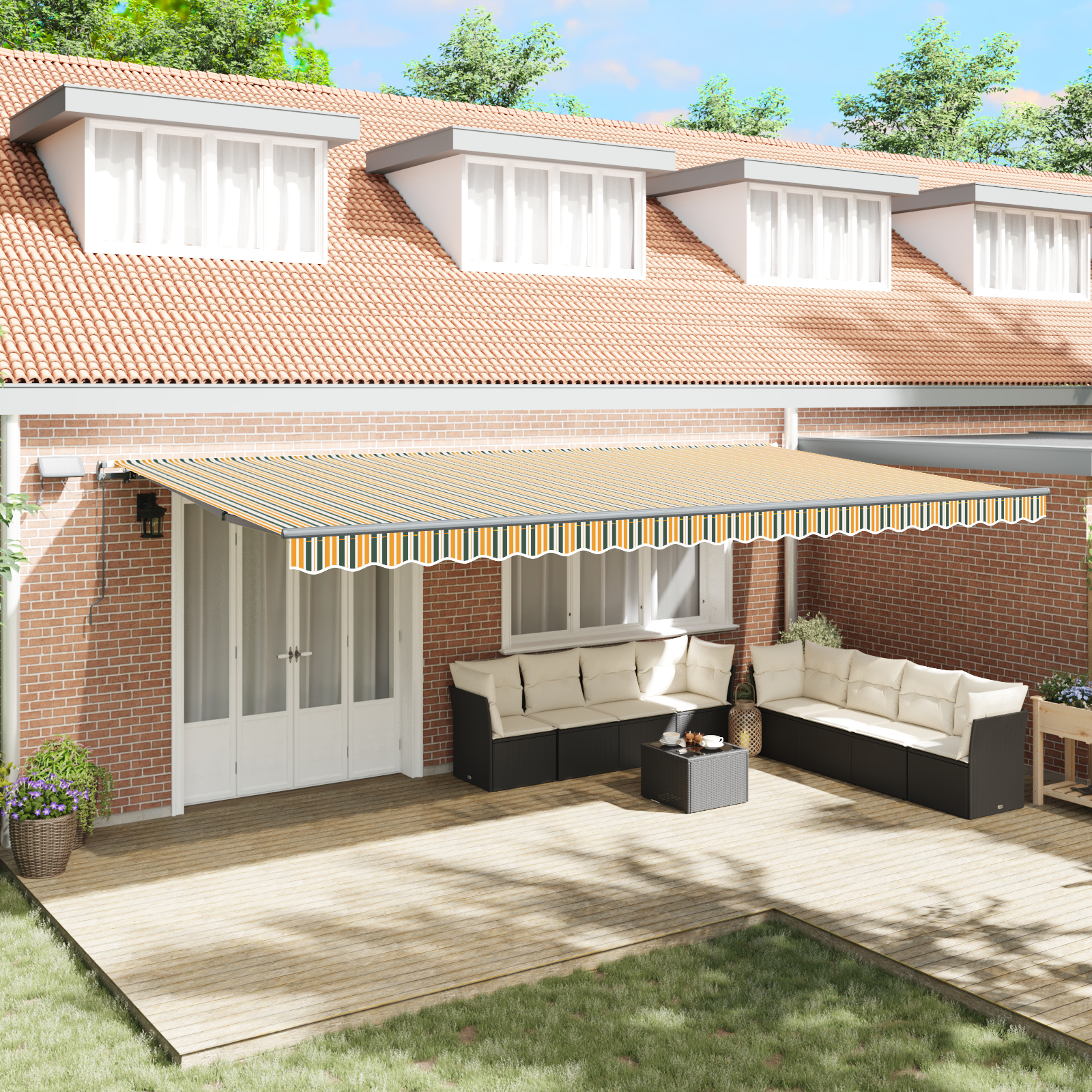 Marchiza manuală retractabilă vidaXL cu LED verde și galben 600x300 cm Marchiza manuală retractabilă vidaXL cu LED verde și galben 600x300 cm