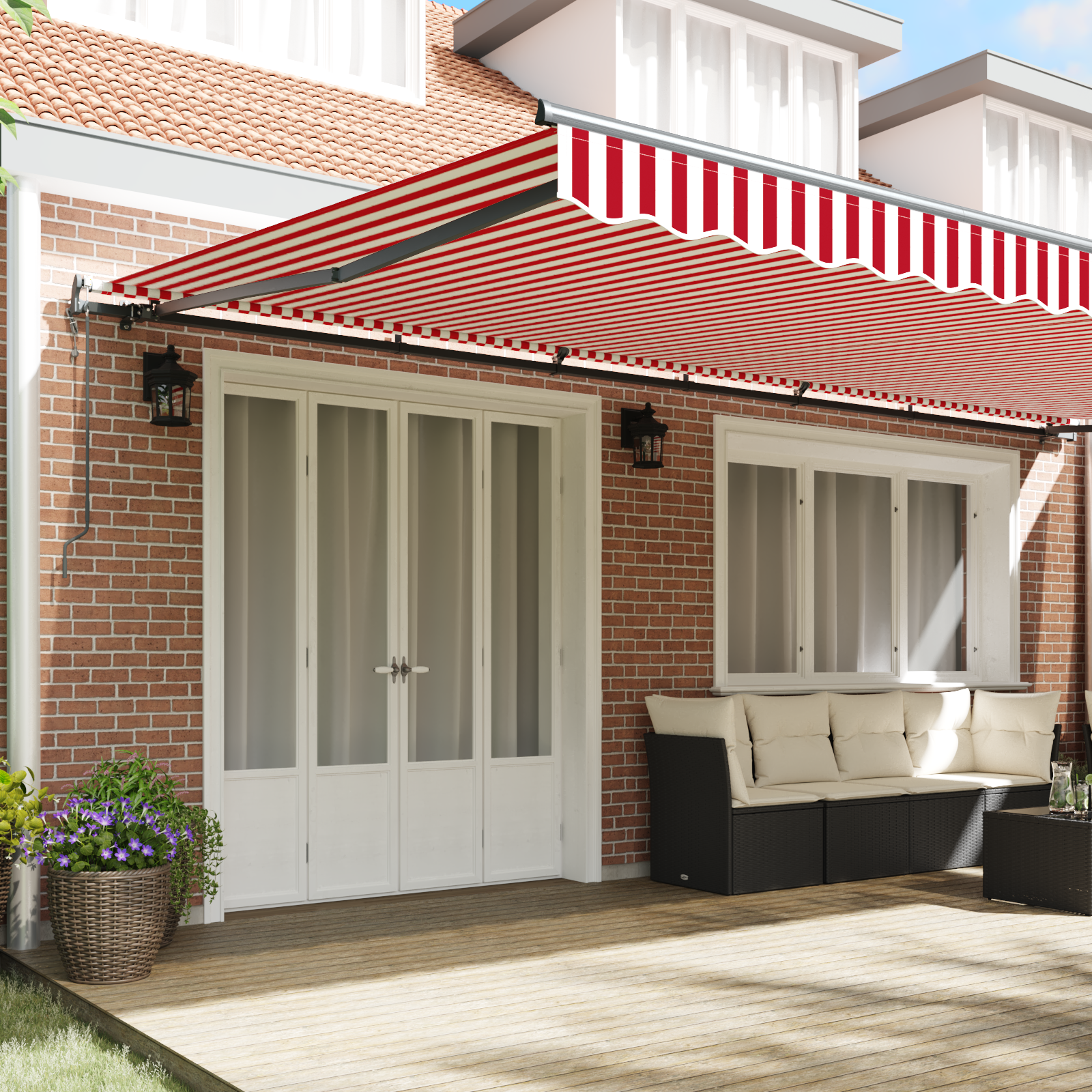 vidaXL Pergolă retractabilă automată cu dungi roșii și albe, 600 x 350 cm