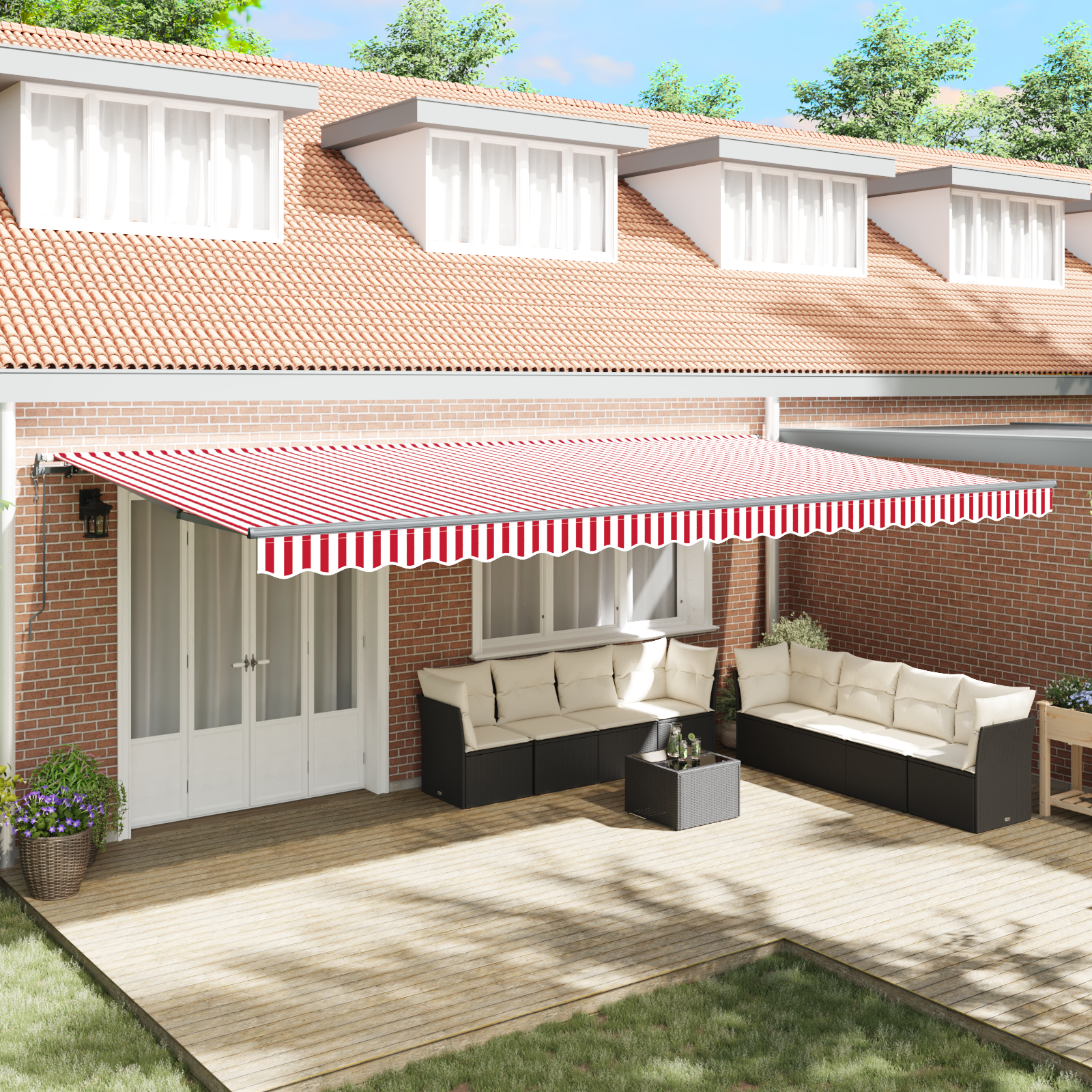vidaXL Pergolă retractabilă automată cu dungi roșii și albe, 600 x 350 cm
