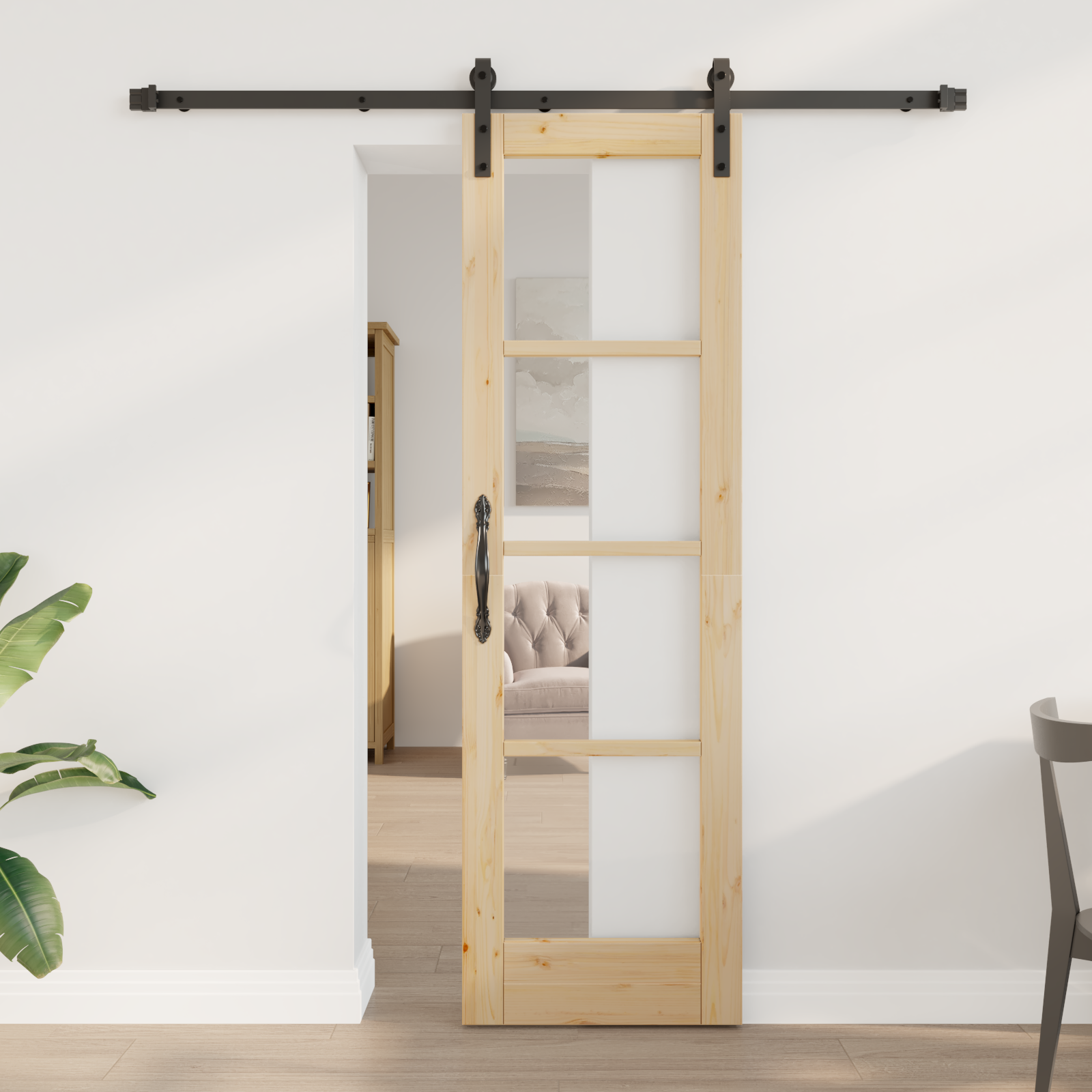 Ușă glisantă vidaXL cu set de accesorii 'ORKDAL'din lemn solid și sticlă