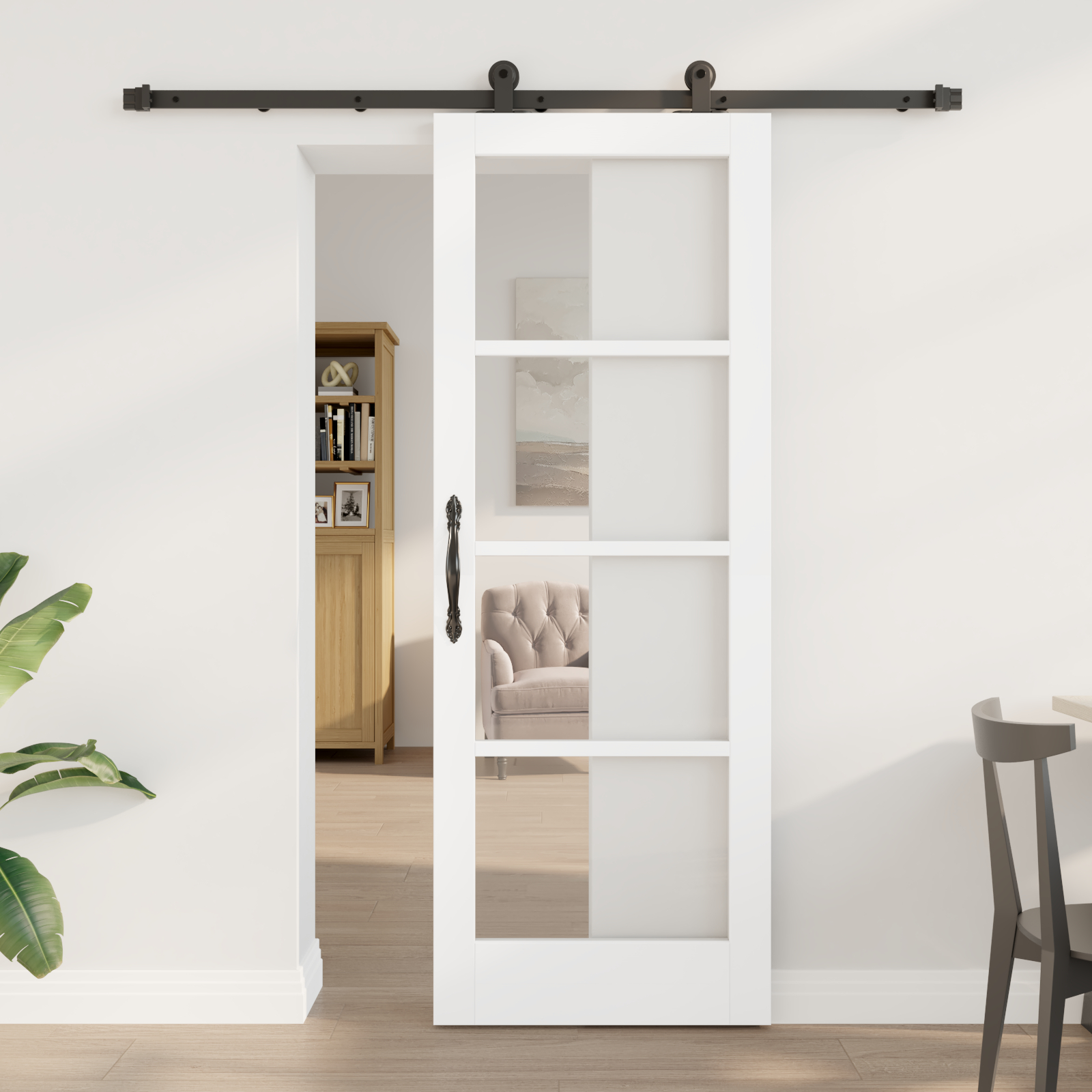 Ușă glisantă vidaXL cu set de accesorii 'ORKDAL'Alb din lemn solid & Sticlă
