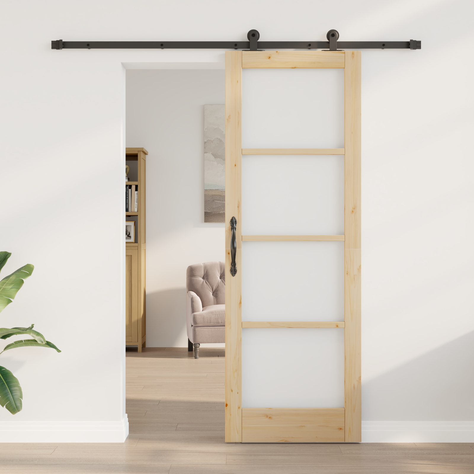 Ușă glisantă vidaXL cu set de accesorii 'ORKDAL'din lemn solid și sticlă Ușă glisantă vidaXL cu set de accesorii 'ORKDAL'din lemn solid și sticlă