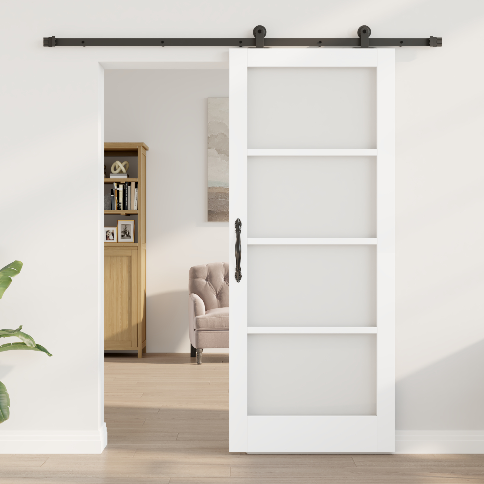 Ușă glisantă vidaXL cu set de accesorii 'ORKDAL'din lemn solid alb și sticlă Ușă glisantă vidaXL cu set de accesorii 'ORKDAL'din lemn solid alb și sticlă