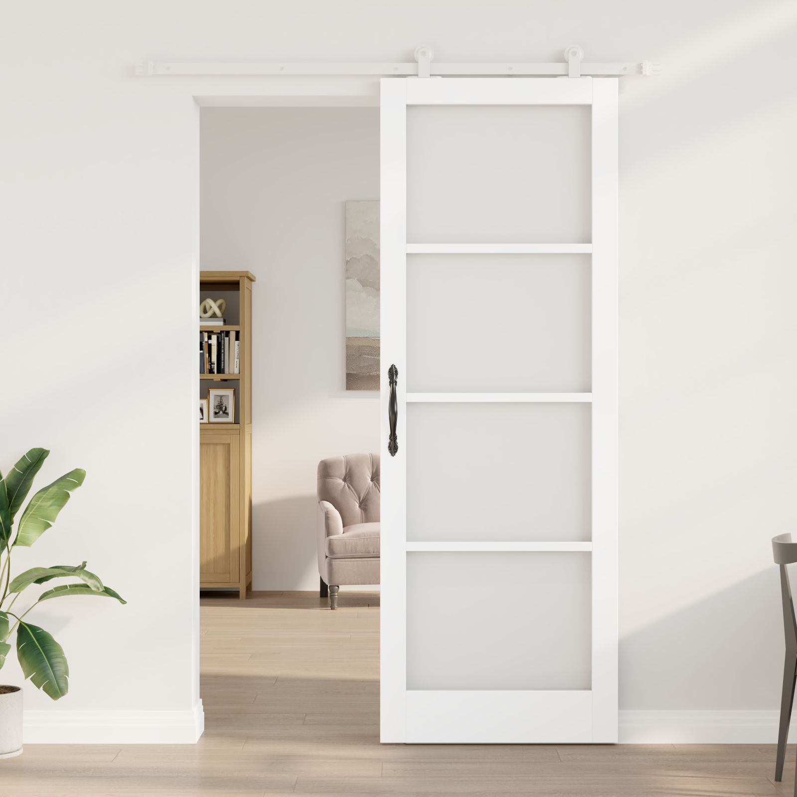 Ușa glisantă vidaXL cu set de accesorii 'ORKDAL'din lemn solid alb și sticlă
