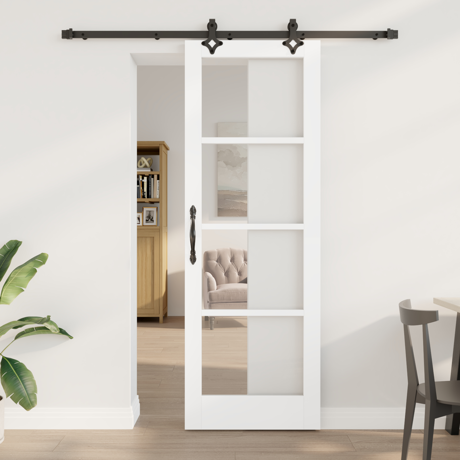 Ușă glisantă vidaXL cu set de accesorii 'ORKDAL'Alb din lemn masiv și sticlă