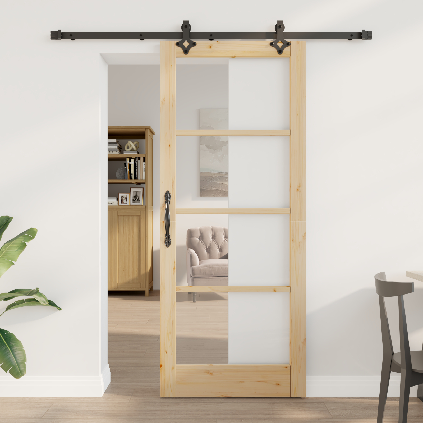 Ușă glisantă vidaXL cu set de accesorii "ORKDAL" Lemn masiv & Sticlă
