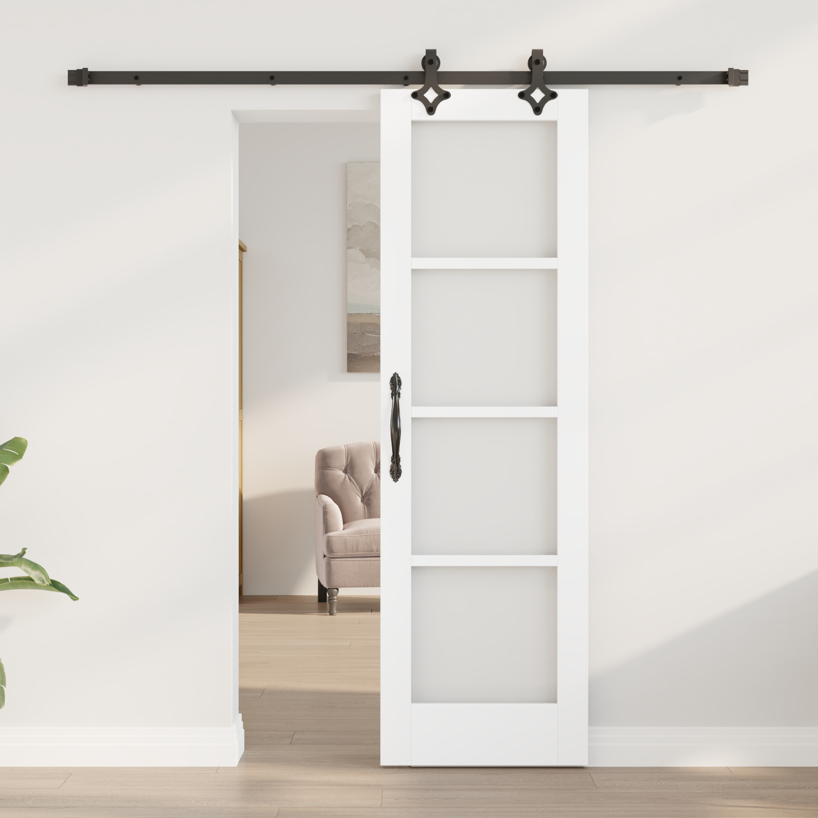 Ușă Glisantă vidaXL cu Set de Accesorii 'ORKDAL'Alb Lemn Masiv & Sticlă