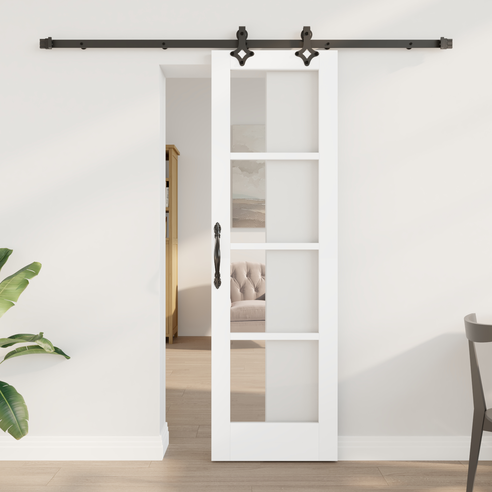Ușă Glisantă vidaXL cu Set de Accesorii 'ORKDAL'Alb Lemn Masiv & Sticlă