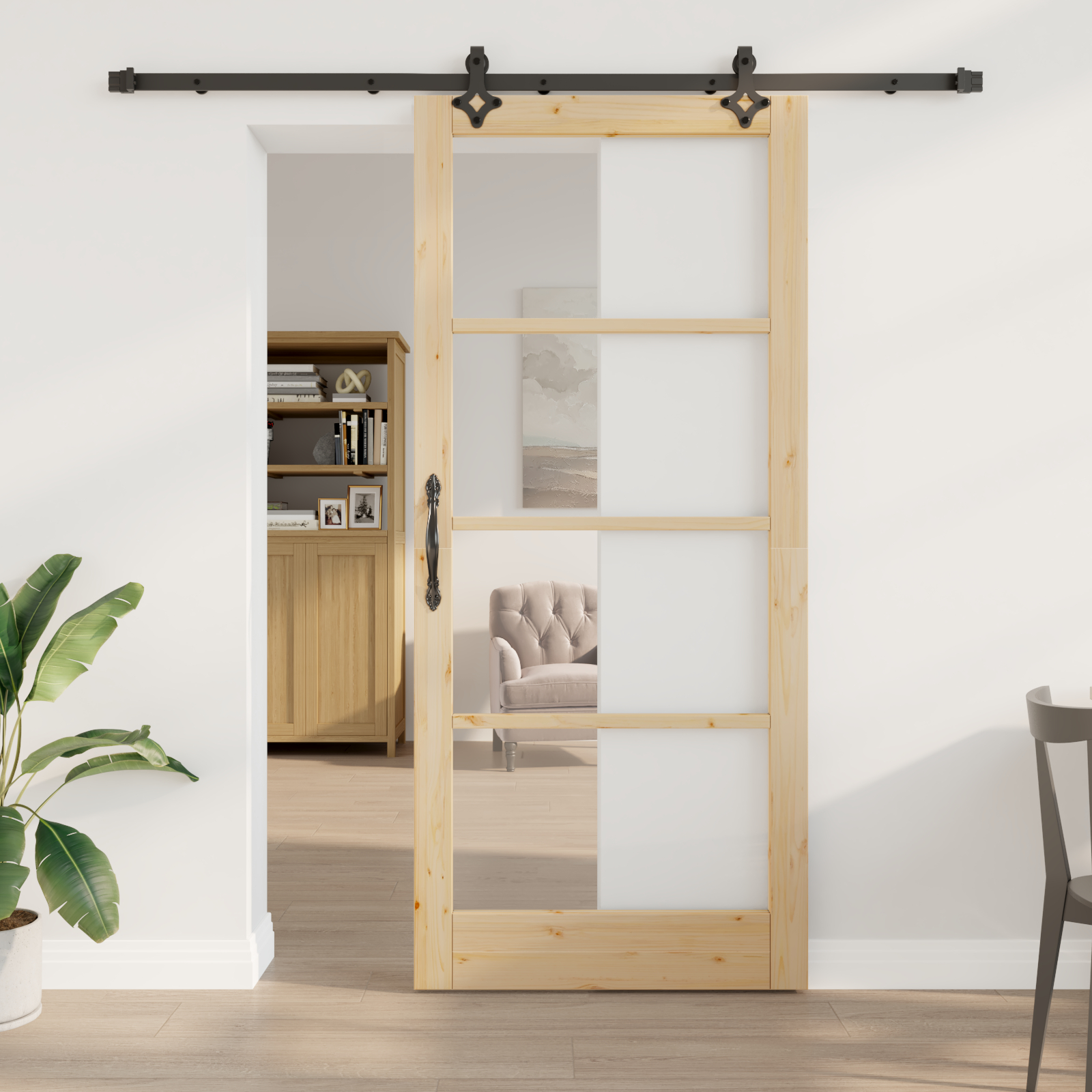 Ușă glisantă vidaXL cu set de accesorii 'ORKDAL'din lemn masiv și sticlă
