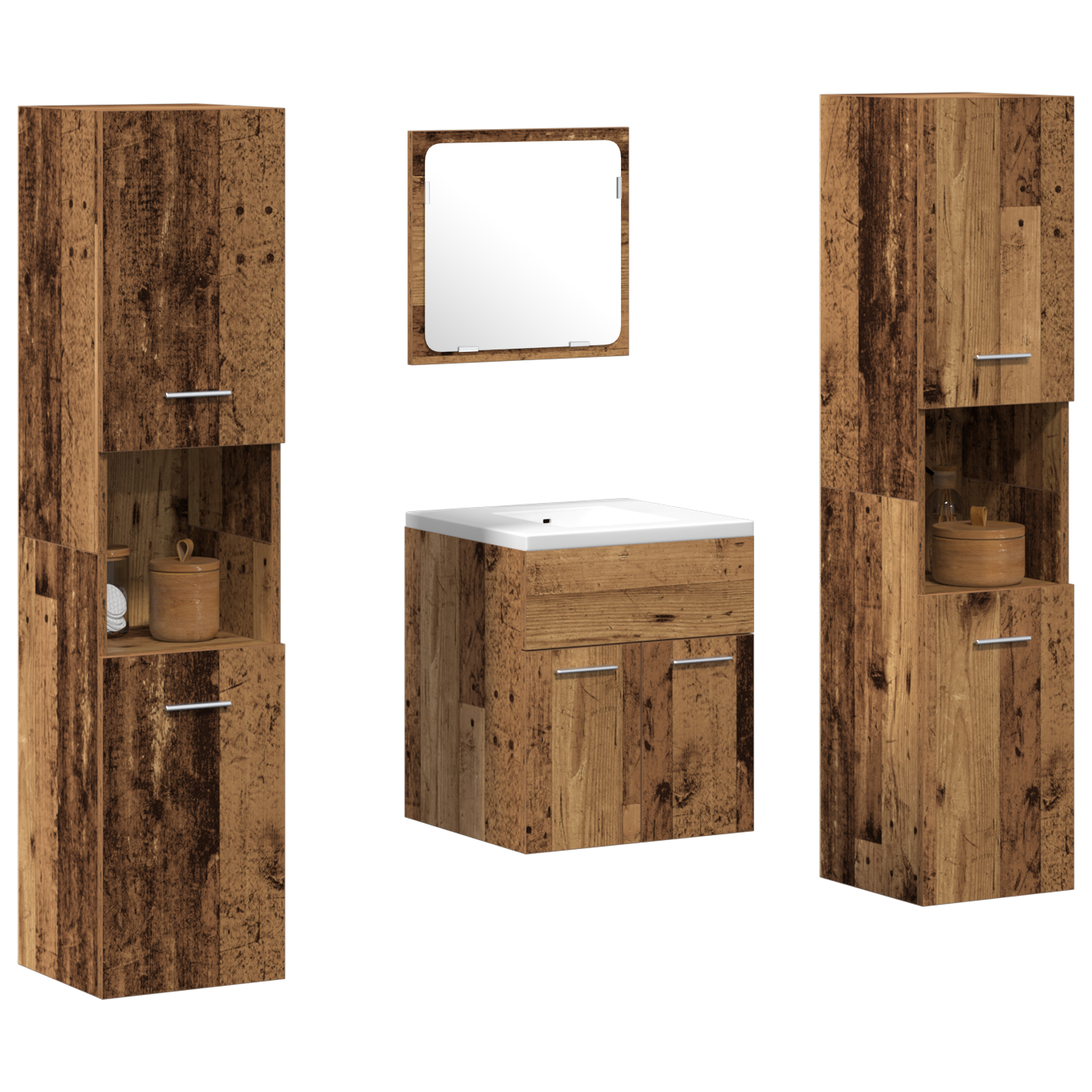 vidaXL Set Mobilier Baie Pe perete 4 pcs Lemn Vechi 41 x 38.5 x 46 cm vidaXL Set Mobilier Baie Pe perete 4 pcs Lemn Vechi 41 x 38.5 x 46 cm