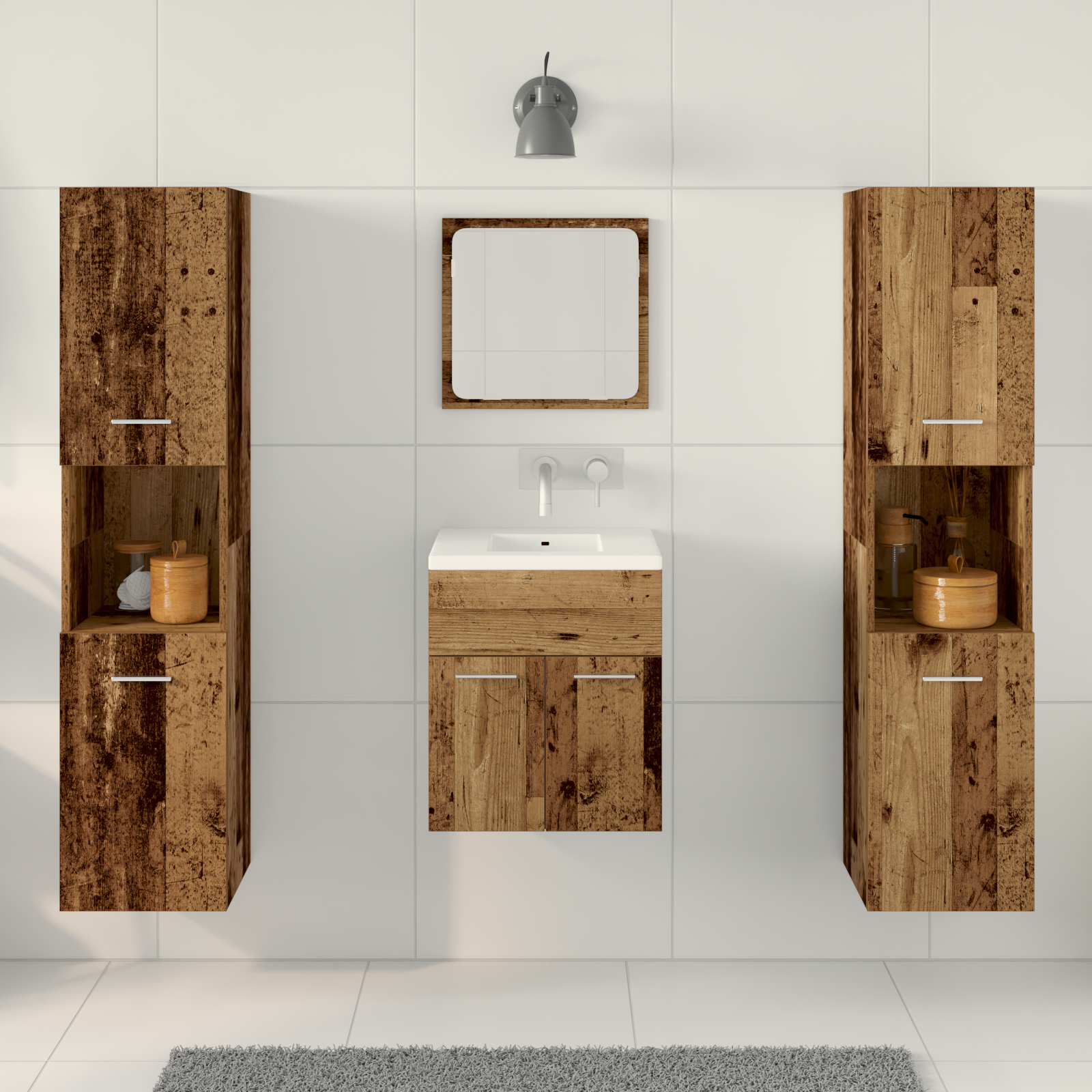 vidaXL Set Mobilier Baie Pe perete 4 pcs Lemn Vechi 41 x 38.5 x 46 cm vidaXL Set Mobilier Baie Pe perete 4 pcs Lemn Vechi 41 x 38.5 x 46 cm
