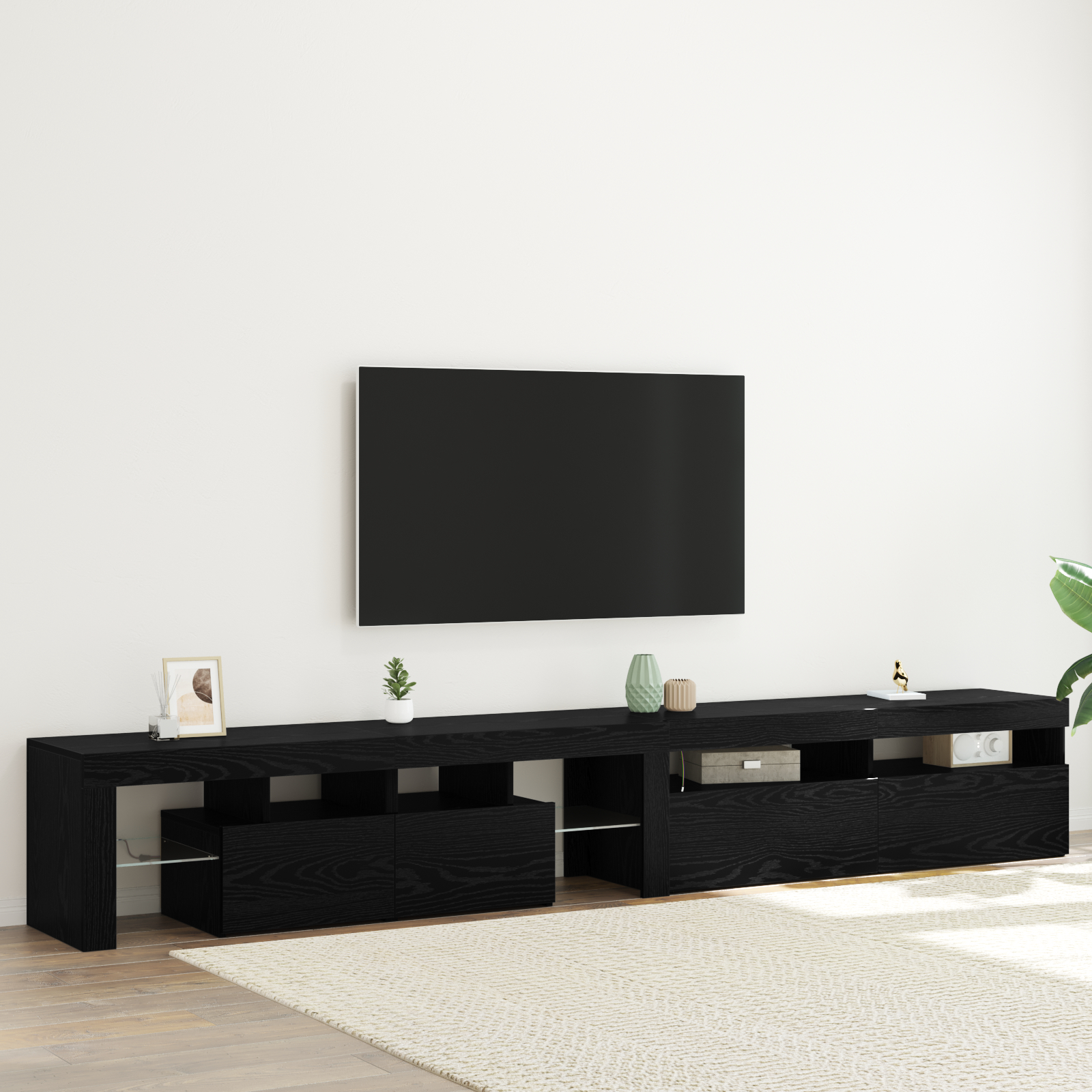 Set de 2 cabine TV cu lumini LED din lemn prelucrat de stejar negru Set de 2 cabine TV cu lumini LED din lemn prelucrat de stejar negru