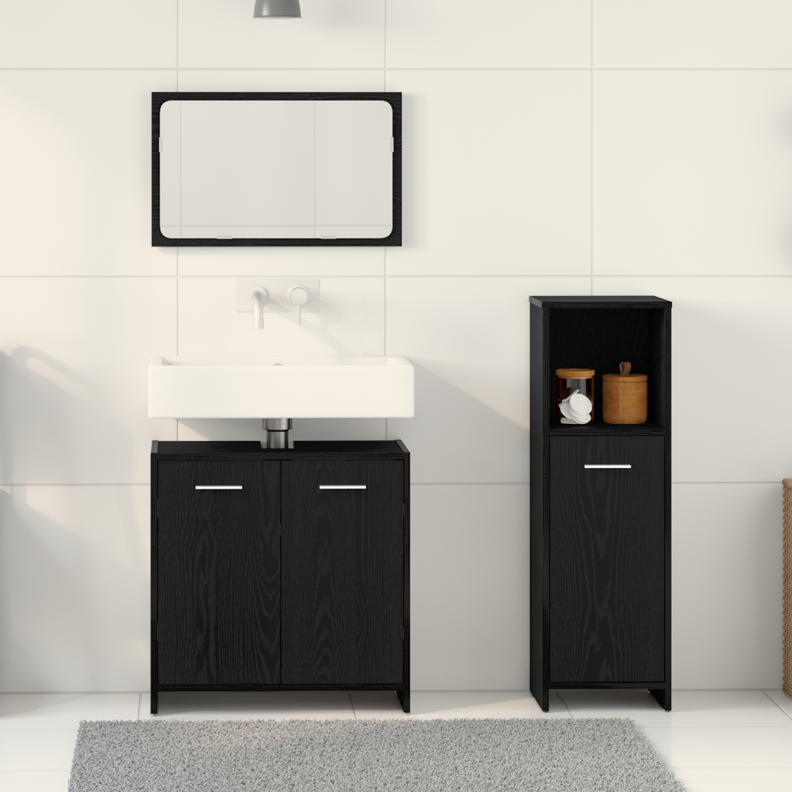 vidaXL Set Mobilier Baie Pe perete 3 pcs Stejar Negru 60 x 33 x 60 cm vidaXL Set Mobilier Baie Pe perete 3 pcs Stejar Negru 60 x 33 x 60 cm