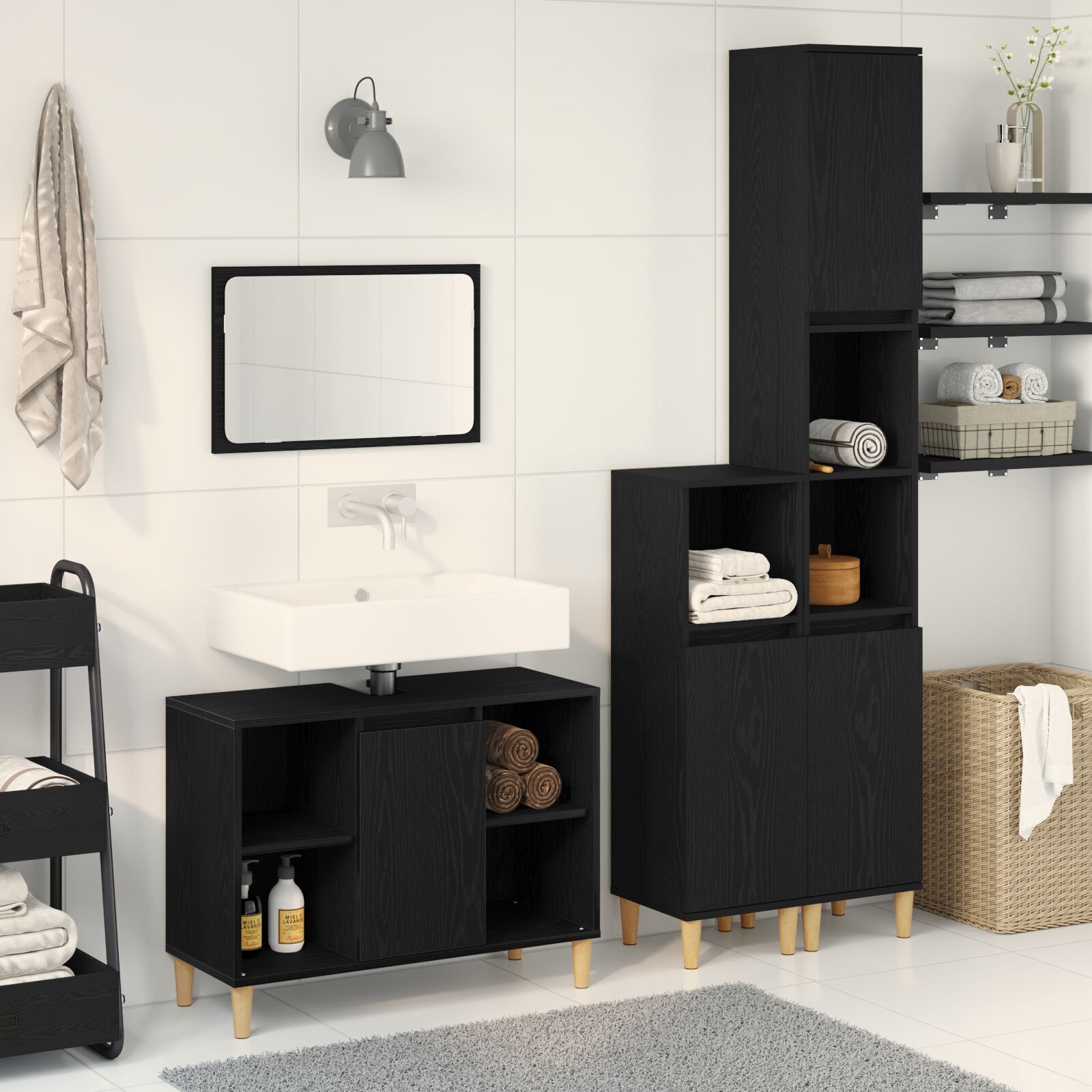 Set mobilier baie vidaXL 3 piese stejar negru lemn prelucrat Set mobilier baie vidaXL 3 piese stejar negru lemn prelucrat