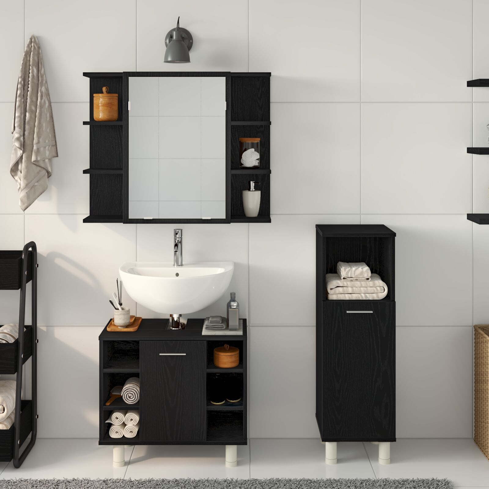 vidaXL Set de mobilier pentru baie 3 pcs Negru 30 x 30 x 99.5 cm