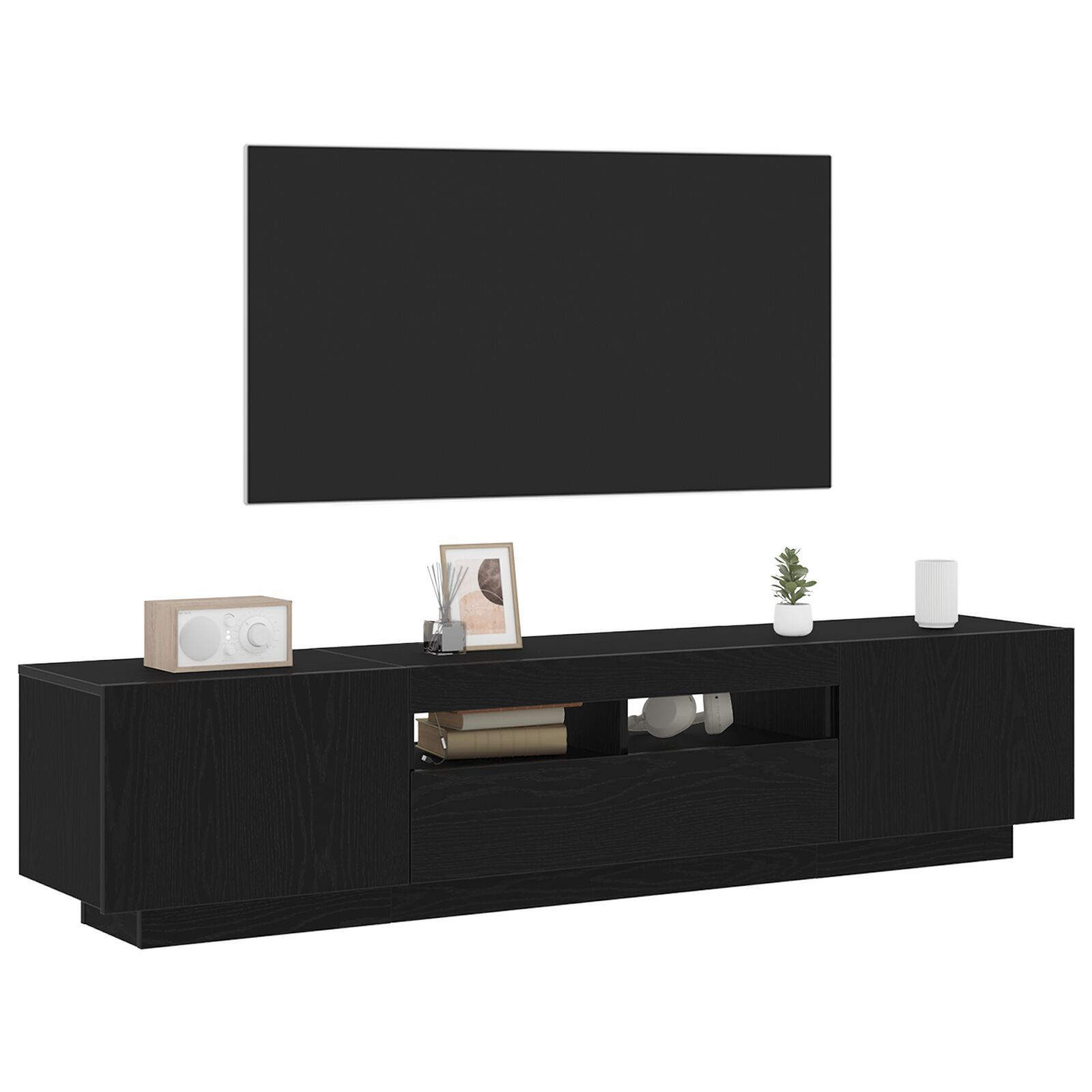 Dulap TV vidaXL cu lumini LED, stejar negru, 180x35x40 cm, din lemn prelucrat Dulap TV vidaXL cu lumini LED, stejar negru, 180x35x40 cm, din lemn prelucrat
