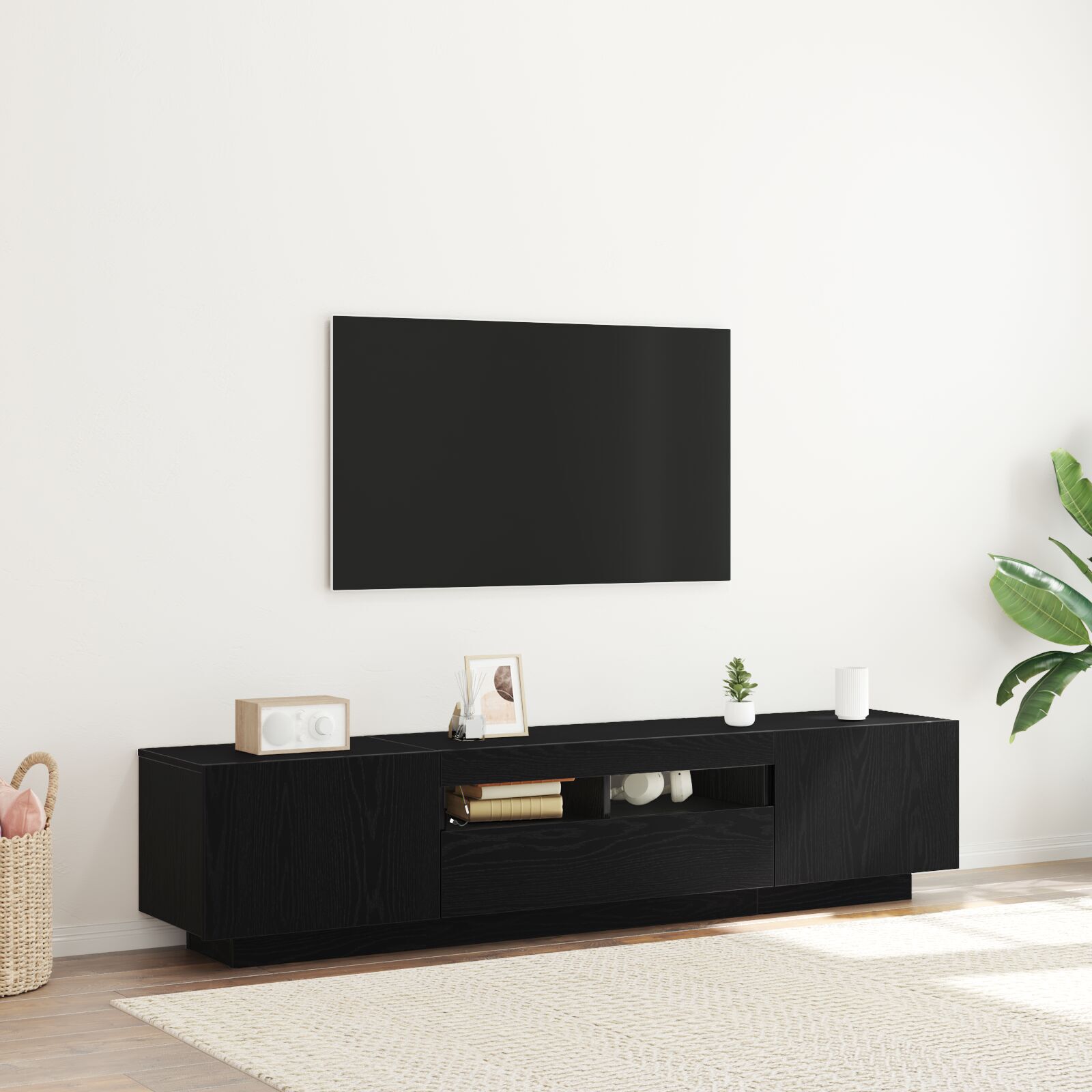 Dulap TV vidaXL cu lumini LED, stejar negru, 180x35x40 cm, din lemn prelucrat Dulap TV vidaXL cu lumini LED, stejar negru, 180x35x40 cm, din lemn prelucrat