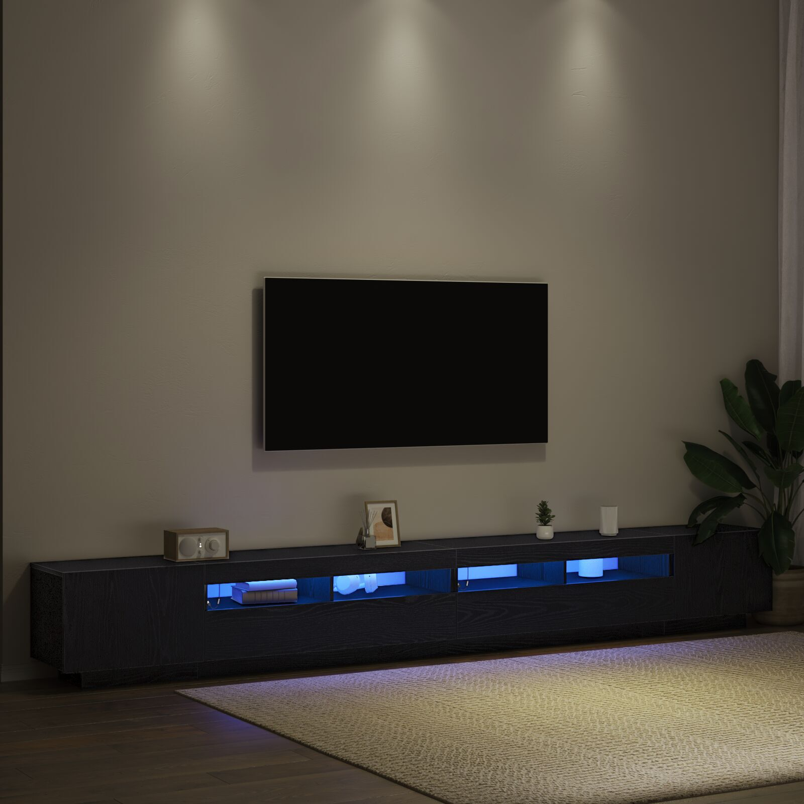 Cabinet TV vidaXL cu lumini LED, Stejar negru, 300x35x40 cm, Lemn compozit Cabinet TV vidaXL cu lumini LED, Stejar negru, 300x35x40 cm, Lemn compozit