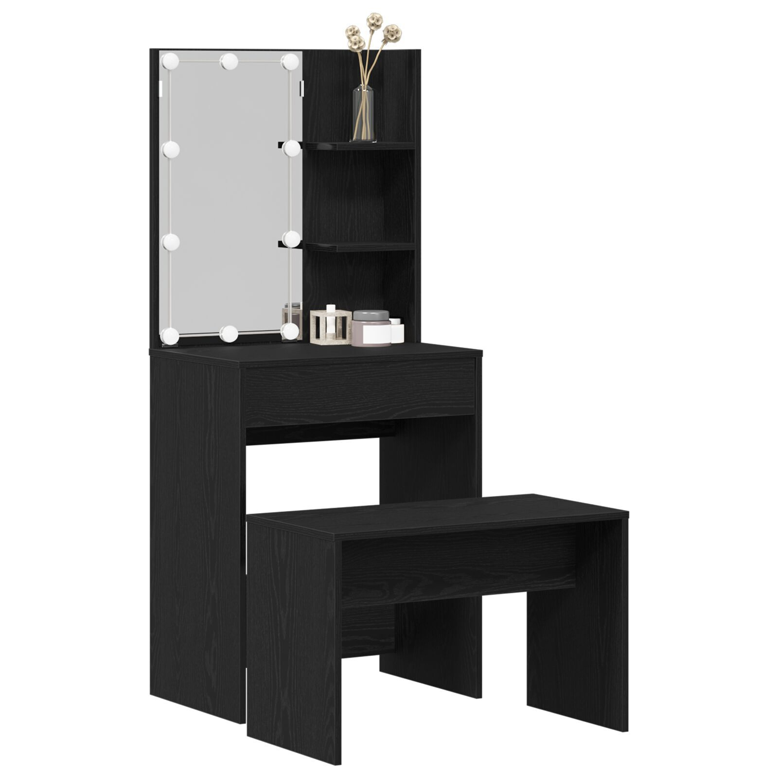 Set de mese de toaletă vidaXL cu LED din lemn prelucrat stejar negru Set de mese de toaletă vidaXL cu LED din lemn prelucrat stejar negru