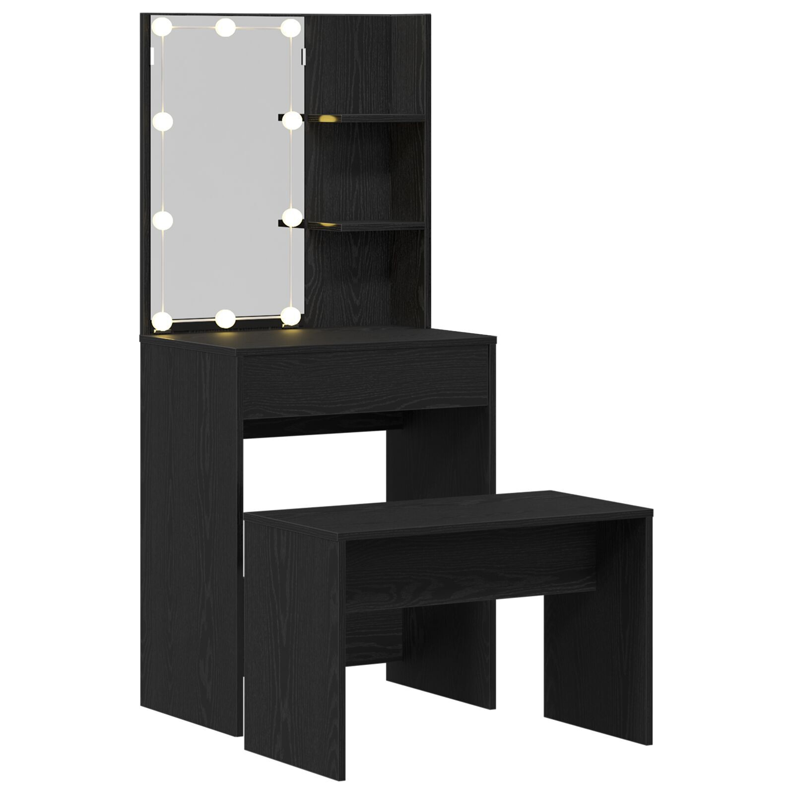 Set de mese de toaletă vidaXL cu LED din lemn prelucrat stejar negru Set de mese de toaletă vidaXL cu LED din lemn prelucrat stejar negru