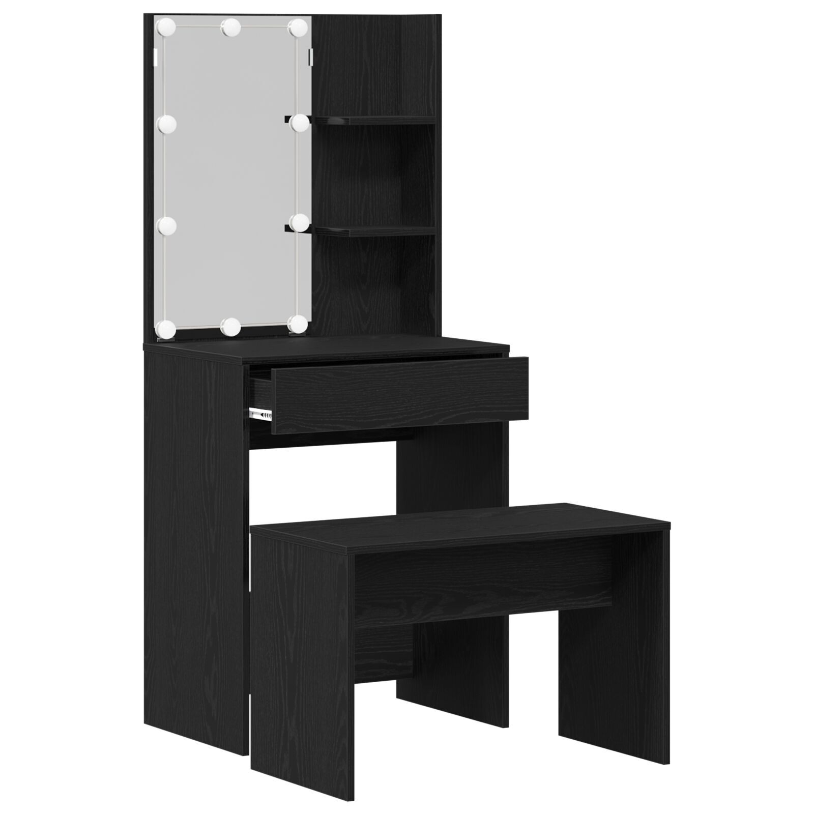 Set de mese de toaletă vidaXL cu LED din lemn prelucrat stejar negru Set de mese de toaletă vidaXL cu LED din lemn prelucrat stejar negru