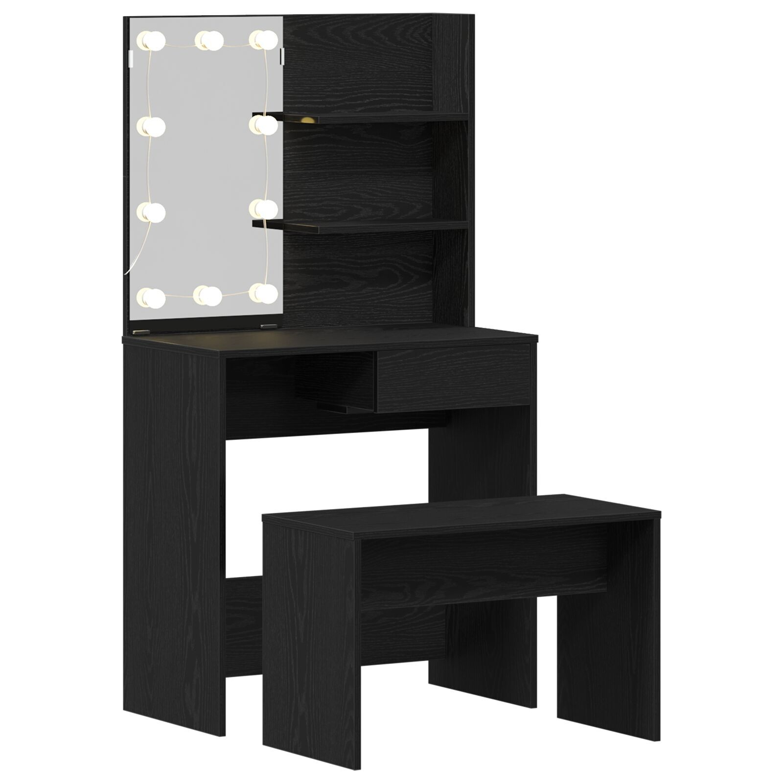 Set de mese de toaletă vidaXL cu LED - Stejar negru, Lemn prelucrat Set de mese de toaletă vidaXL cu LED - Stejar negru, Lemn prelucrat