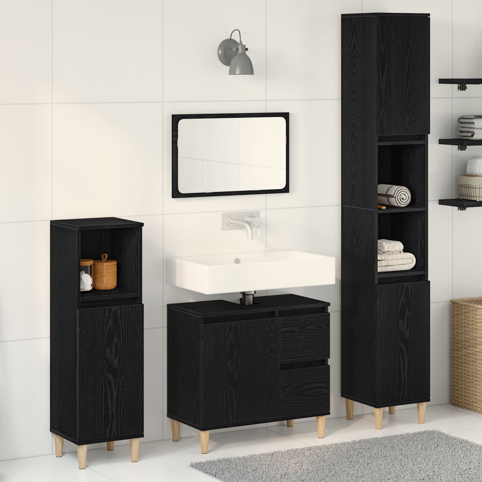 vidaXL Set de mobilier pentru baie cu ușă 3 pcs Negru 30 x 30 x 180 cm vidaXL Set de mobilier pentru baie cu ușă 3 pcs Negru 30 x 30 x 180 cm