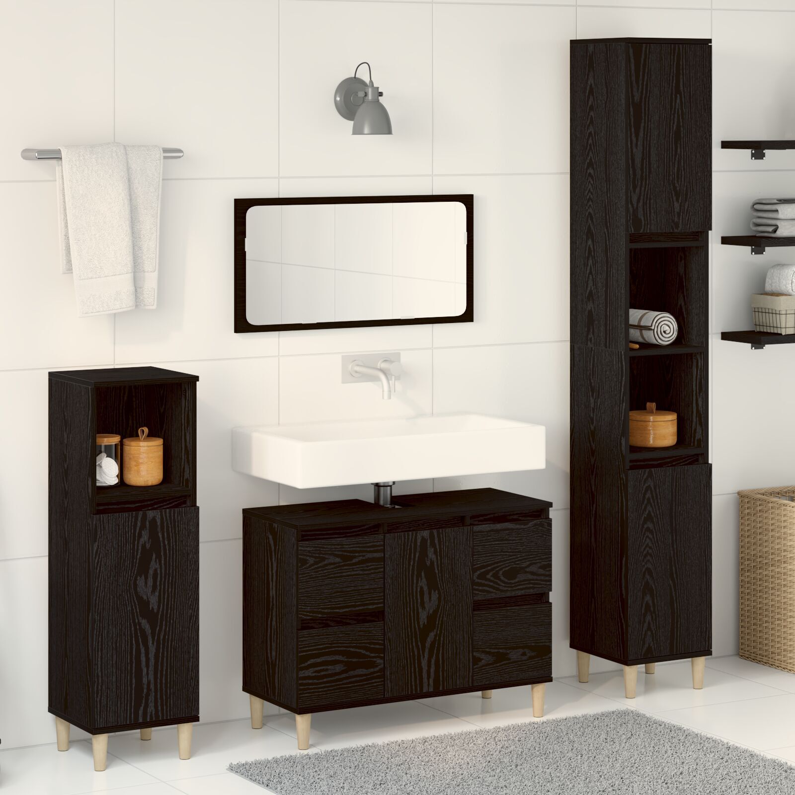 vidaXL Set de mobilier pentru baie cu ușă 3 pcs Negru 30 x 30 x 180 cm vidaXL Set de mobilier pentru baie cu ușă 3 pcs Negru 30 x 30 x 180 cm