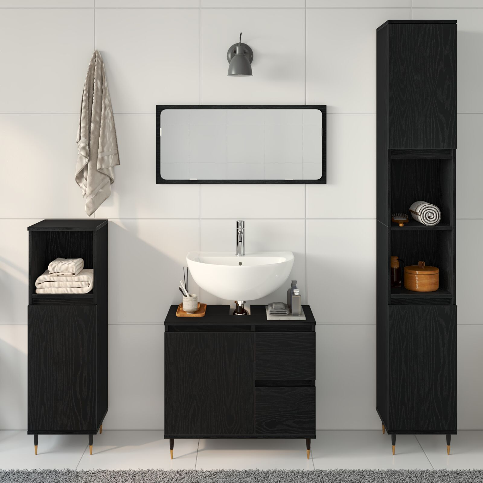 vidaXL Set de mobilă pentru baie 3 pcs Stejar Negru 30 x 30 x 190 cm vidaXL Set de mobilă pentru baie 3 pcs Stejar Negru 30 x 30 x 190 cm