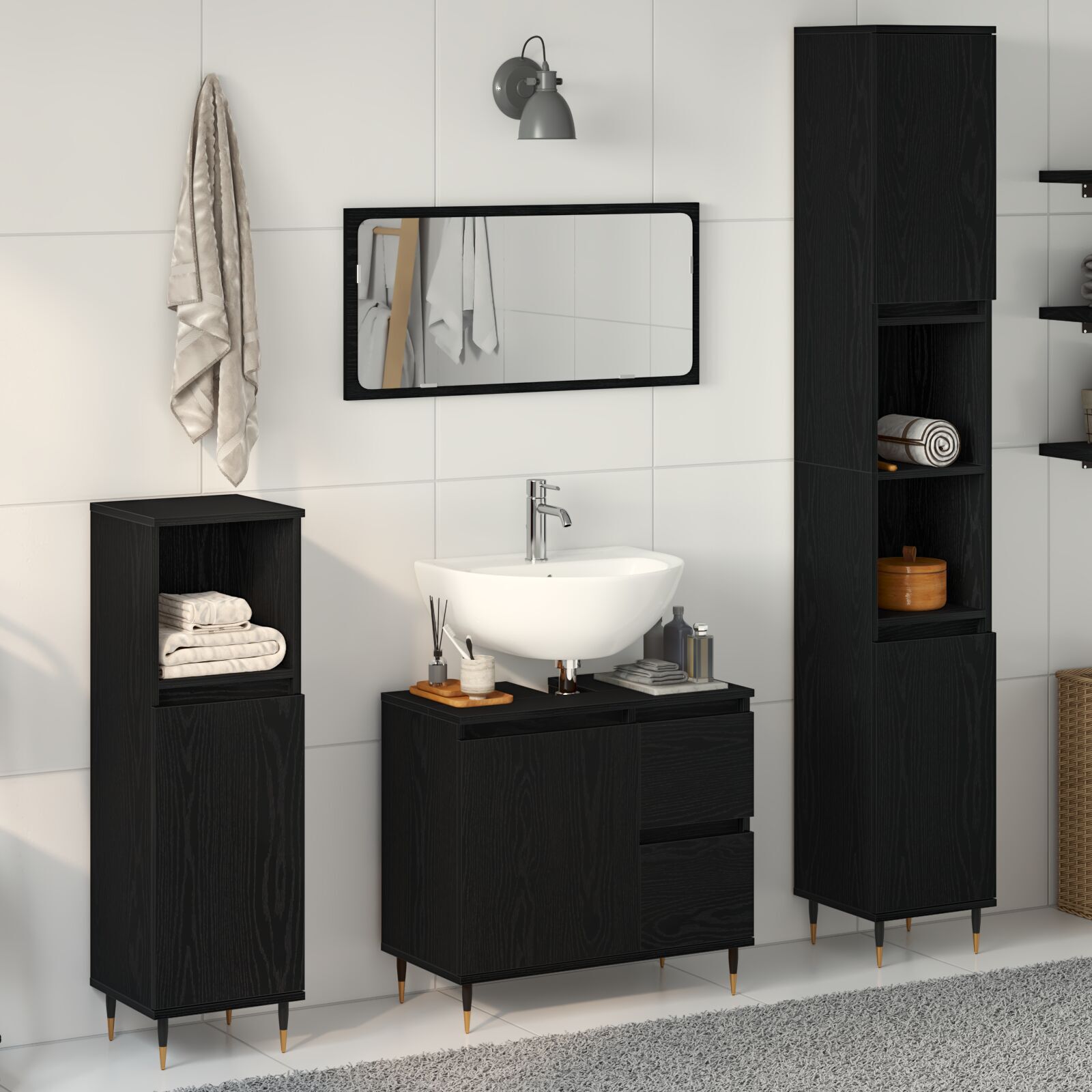 vidaXL Set de mobilă pentru baie 3 pcs Stejar Negru 30 x 30 x 190 cm vidaXL Set de mobilă pentru baie 3 pcs Stejar Negru 30 x 30 x 190 cm