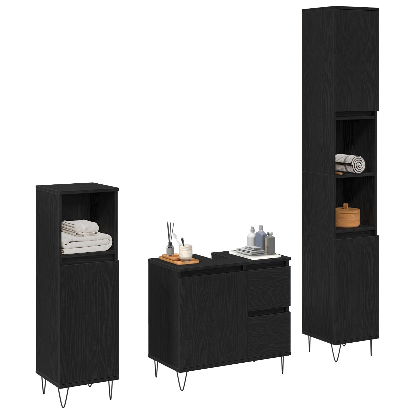 vidaXL Set de Mobilier pentru Baie 3 pcs Stejar Negru 30 x 30 x 190 cm