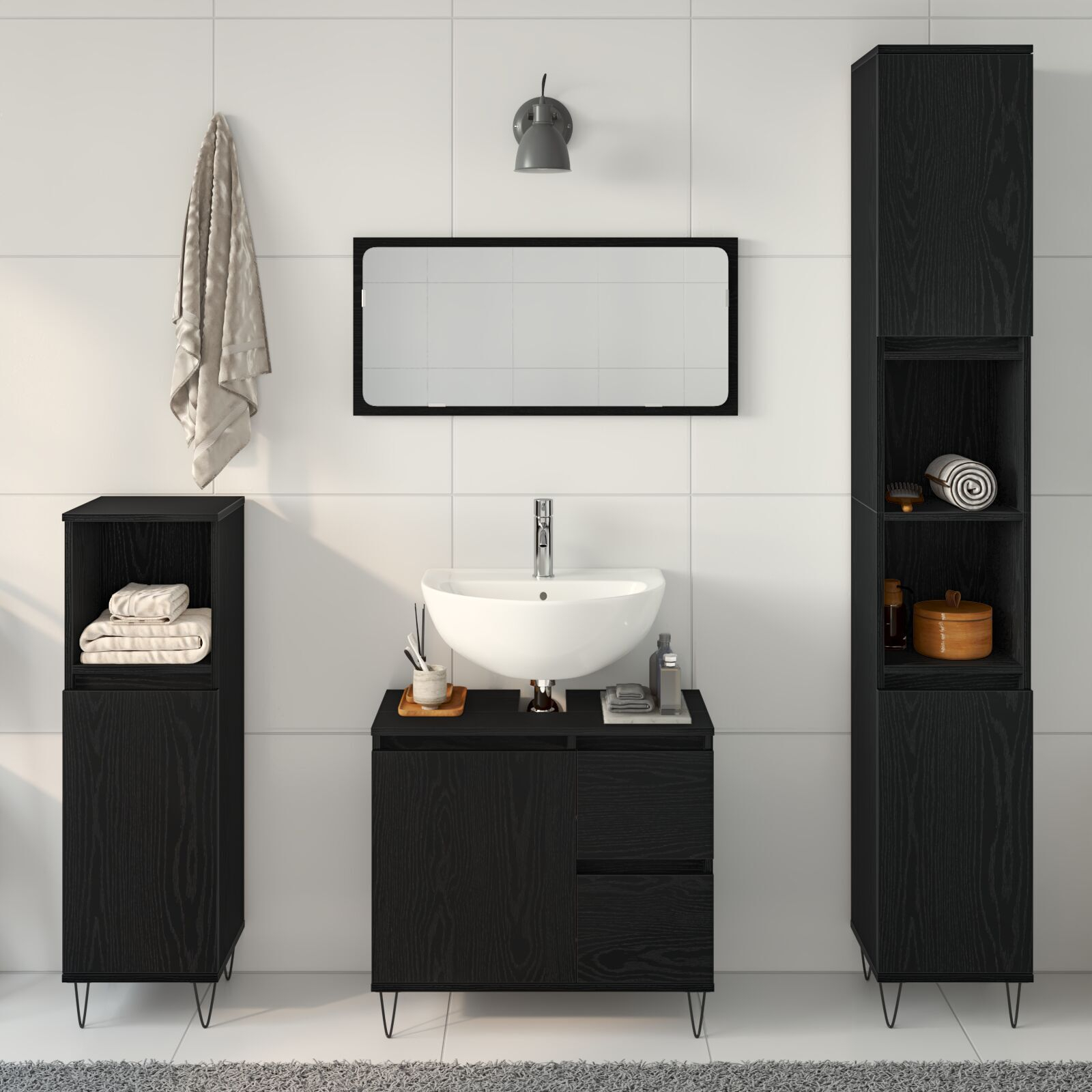 vidaXL Set de Mobilier pentru Baie 3 pcs Stejar Negru 30 x 30 x 190 cm