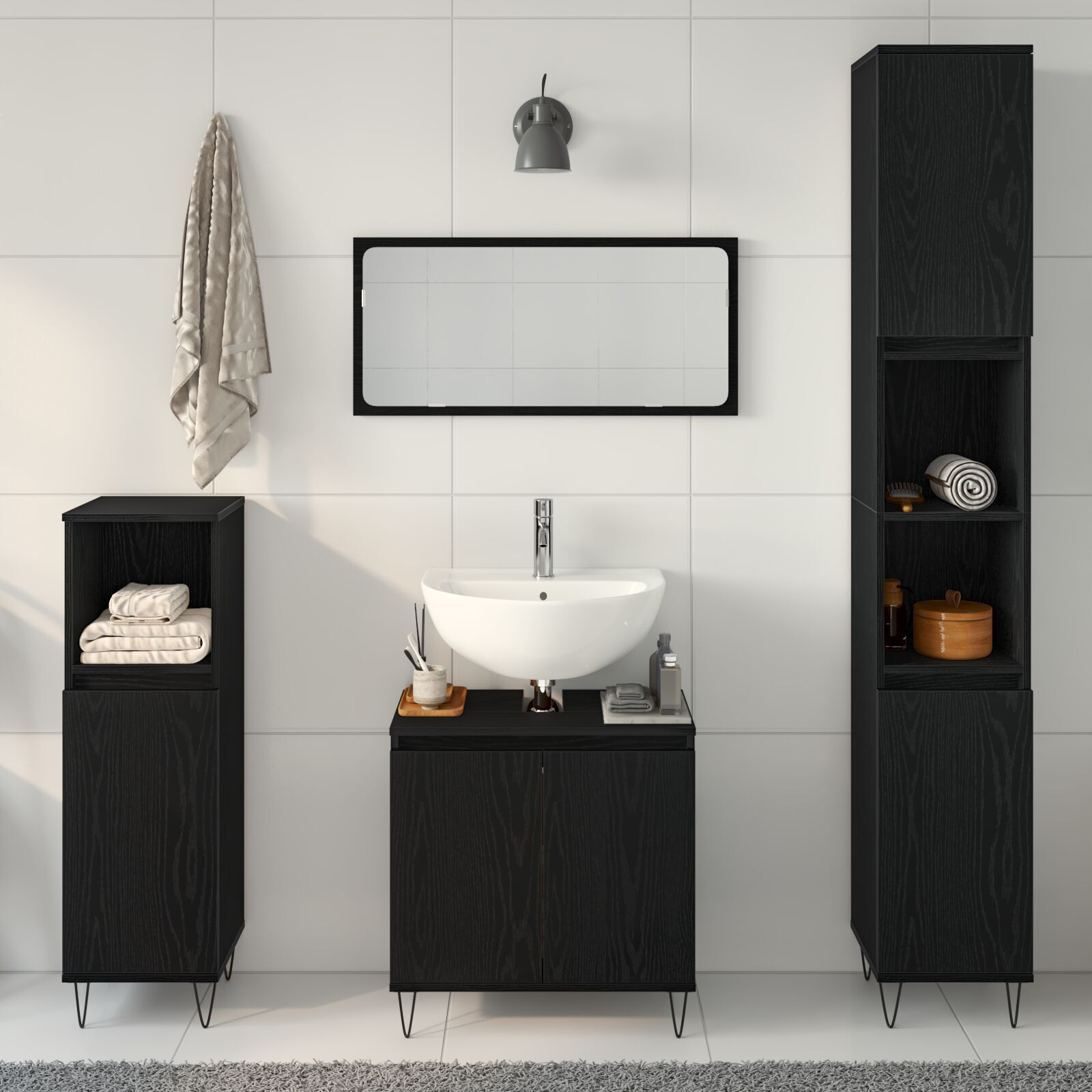 vidaXL Set de Mobilier pentru Baie 3 pcs Stejar Negru 30 x 30 x 190 cm