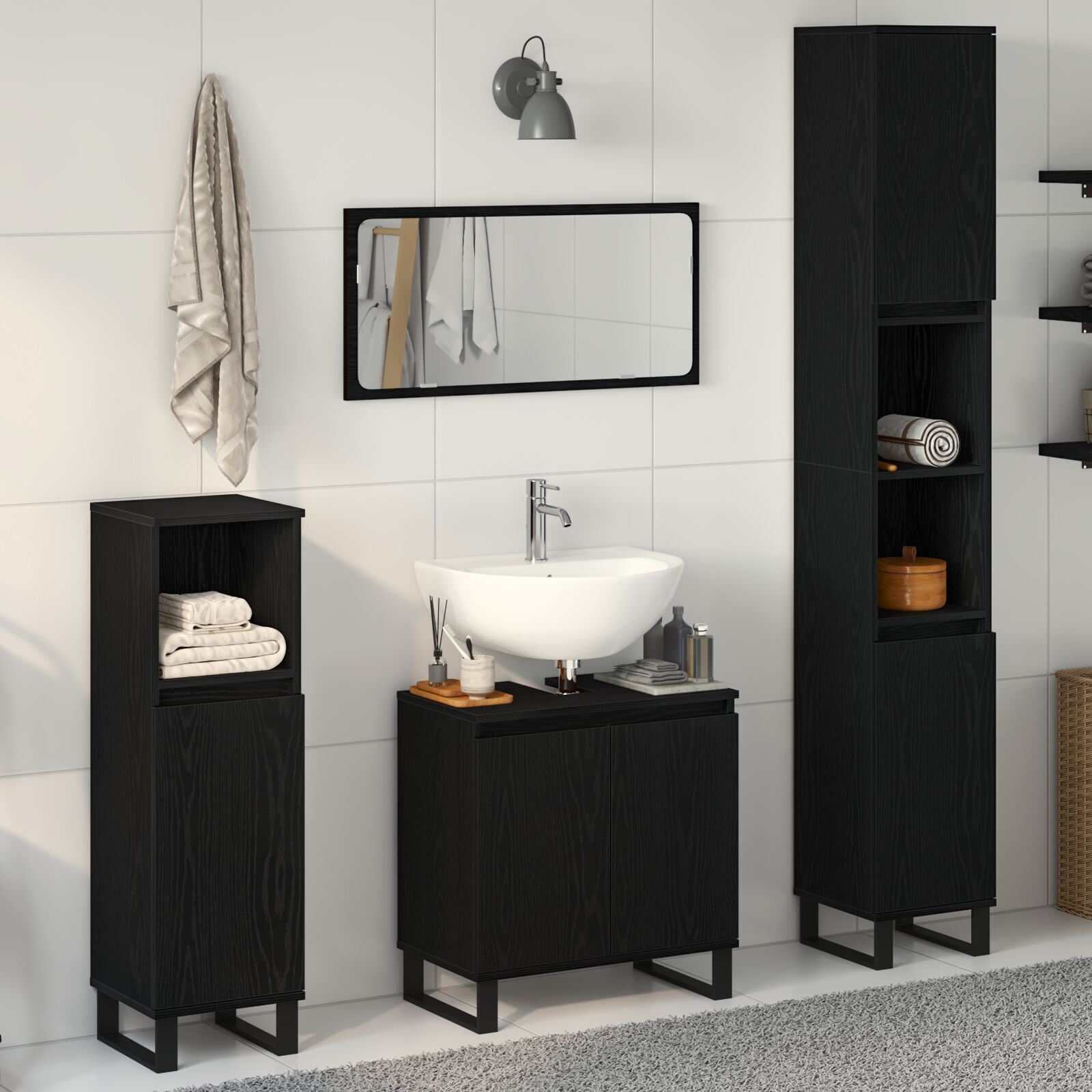 vidaXL Set de mobilier pentru baie cu ușă 3 pcs Negru 30 x 30 x 190 cm vidaXL Set de mobilier pentru baie cu ușă 3 pcs Negru 30 x 30 x 190 cm