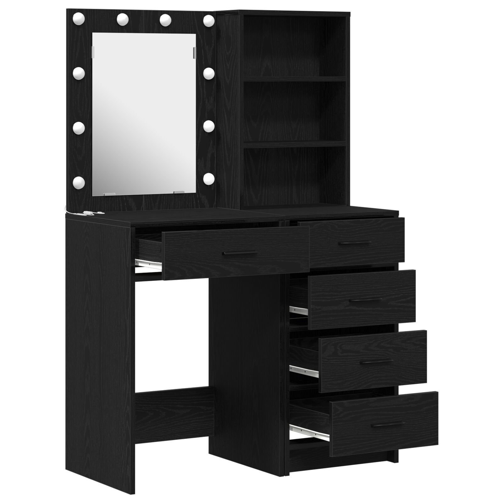 vidaXL Set masă de toaletă cu LED, 2 piese, negru, lemn prelucrat
