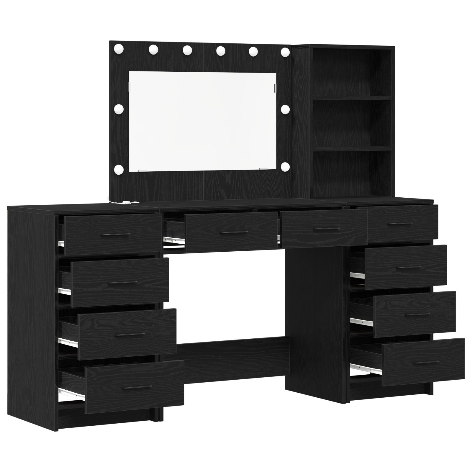 vidaXL Set masă de toaletă cu LED, 3 piese, negru, lemn prelucrat
