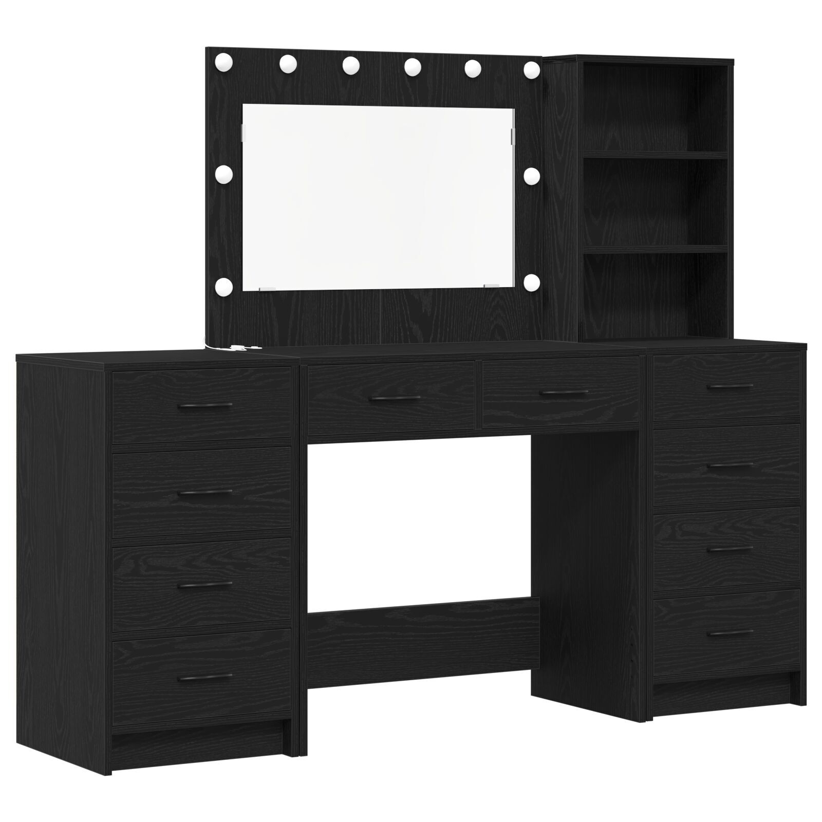 vidaXL Set masă de toaletă cu LED, 3 piese, negru, lemn prelucrat